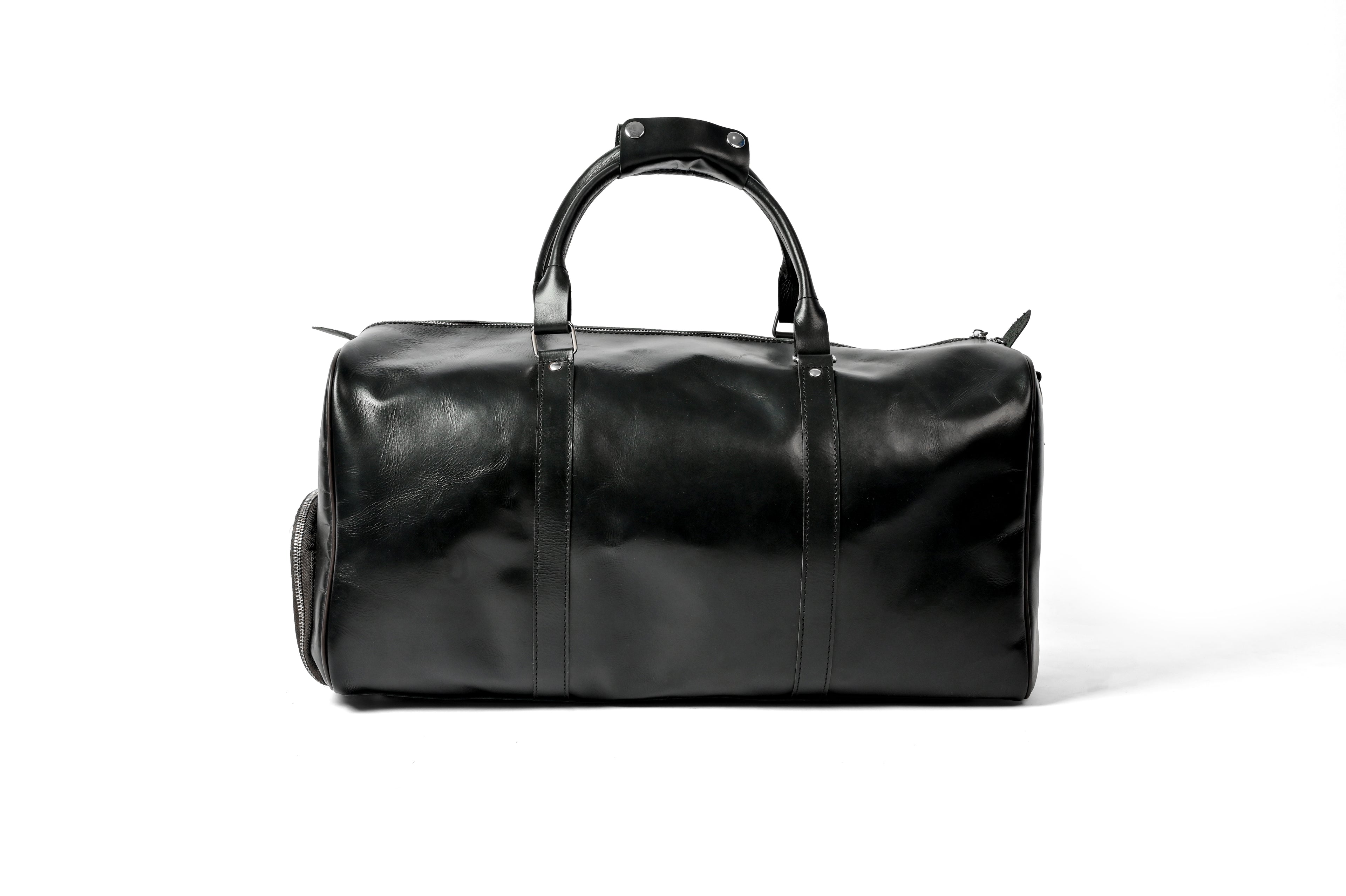 Black Leather Weekender Duffel Bag - Travel Bag with Shoulder Strap