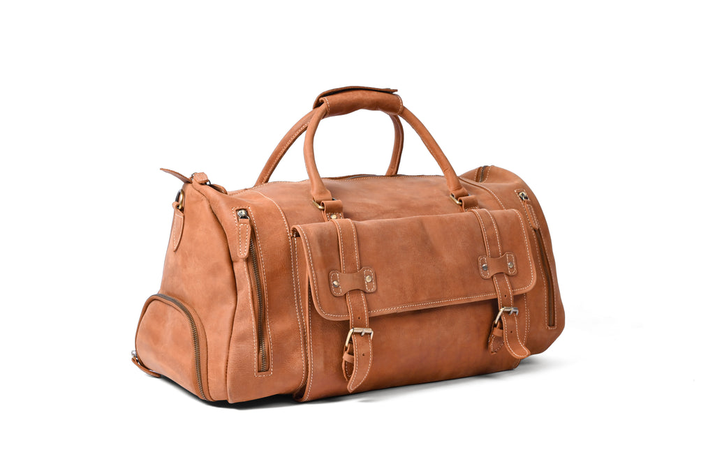 Tan Leather Weekender Duffel Bag - Travel Bag with Shoe Compartment