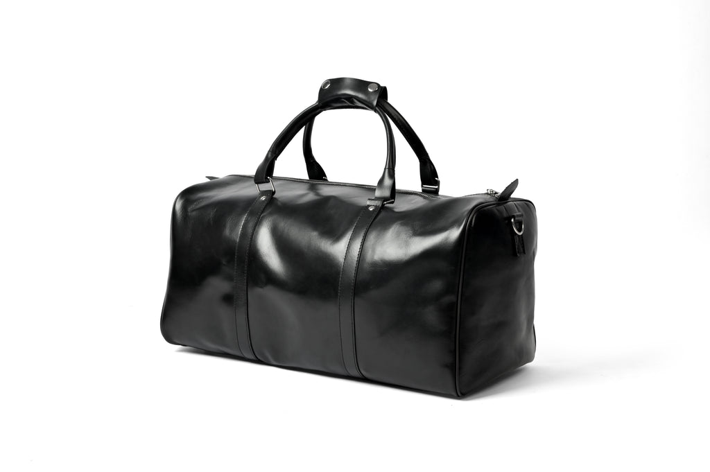 Black Leather Weekender Duffel Bag - Travel Bag with Shoulder Strap