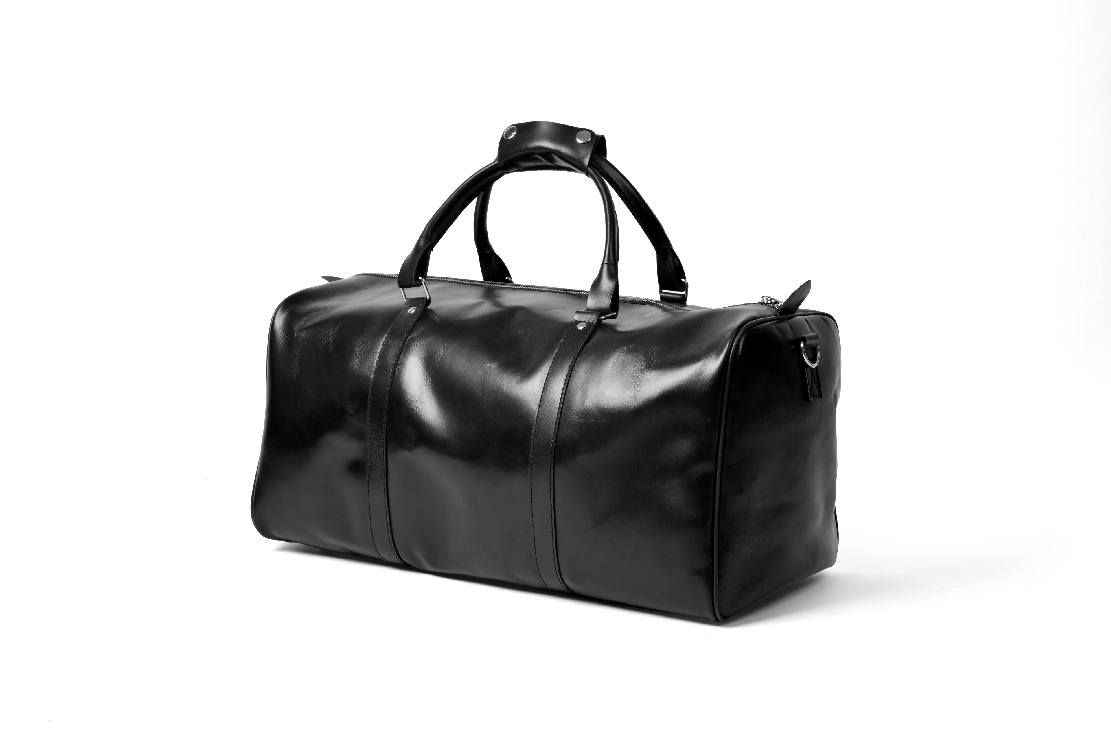 Black Leather Weekender Duffel Bag - Travel Bag with Shoulder Strap