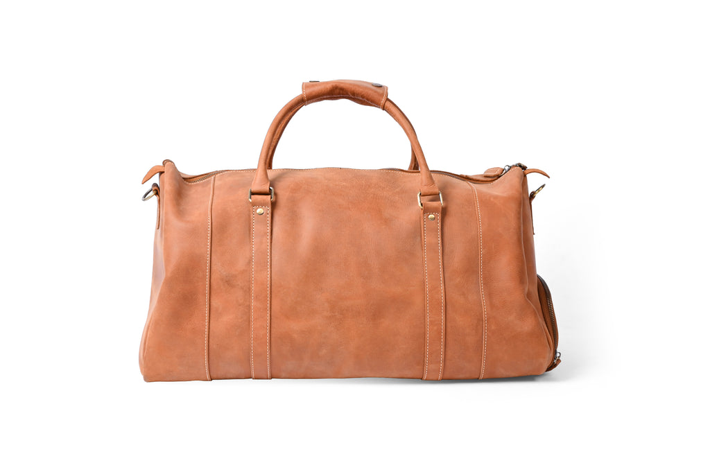 Tan Leather Weekender Duffel Bag - Travel Bag with Shoe Compartment