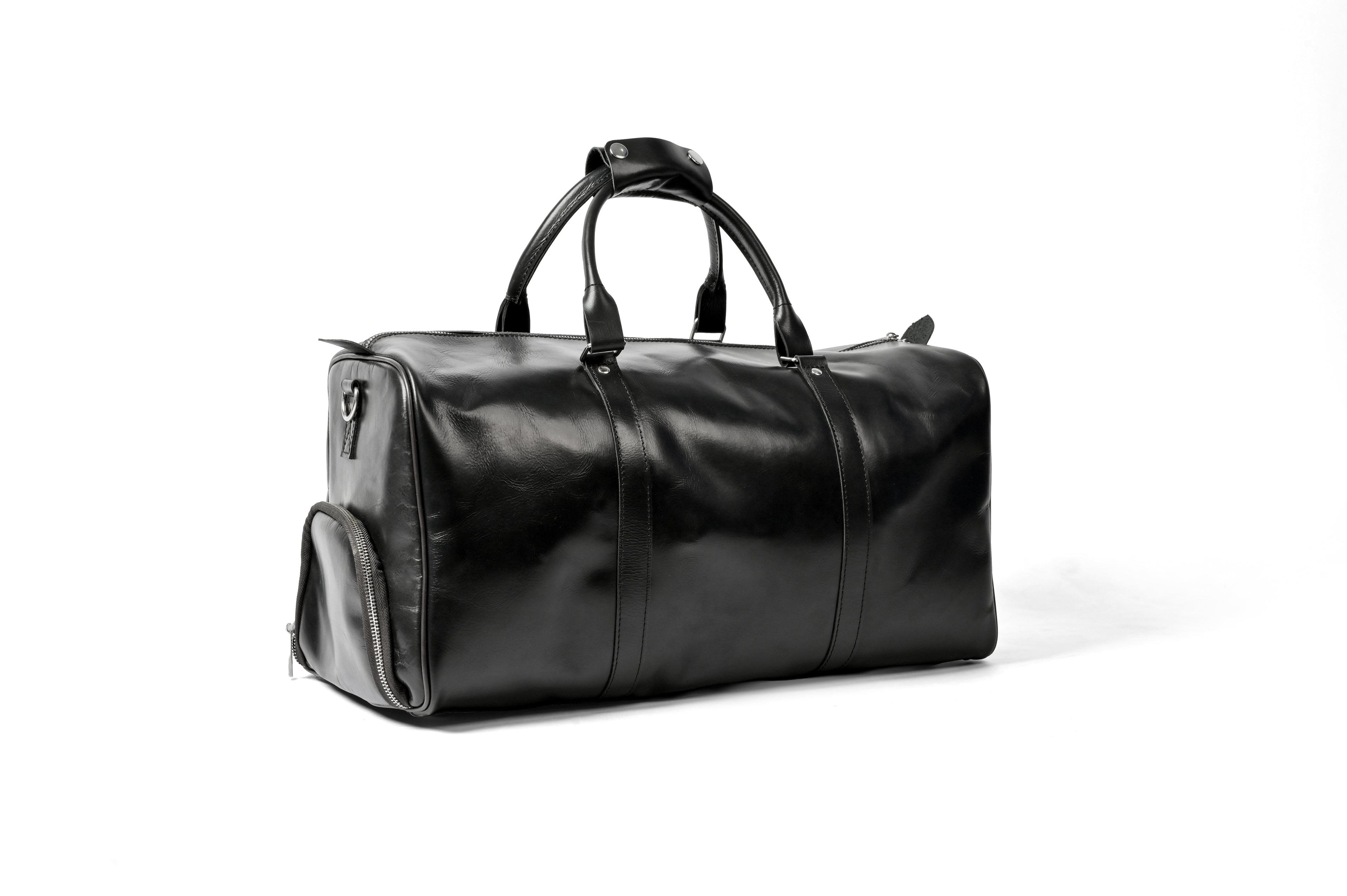 Black Leather Weekender Duffel Bag - Travel Bag with Shoulder Strap