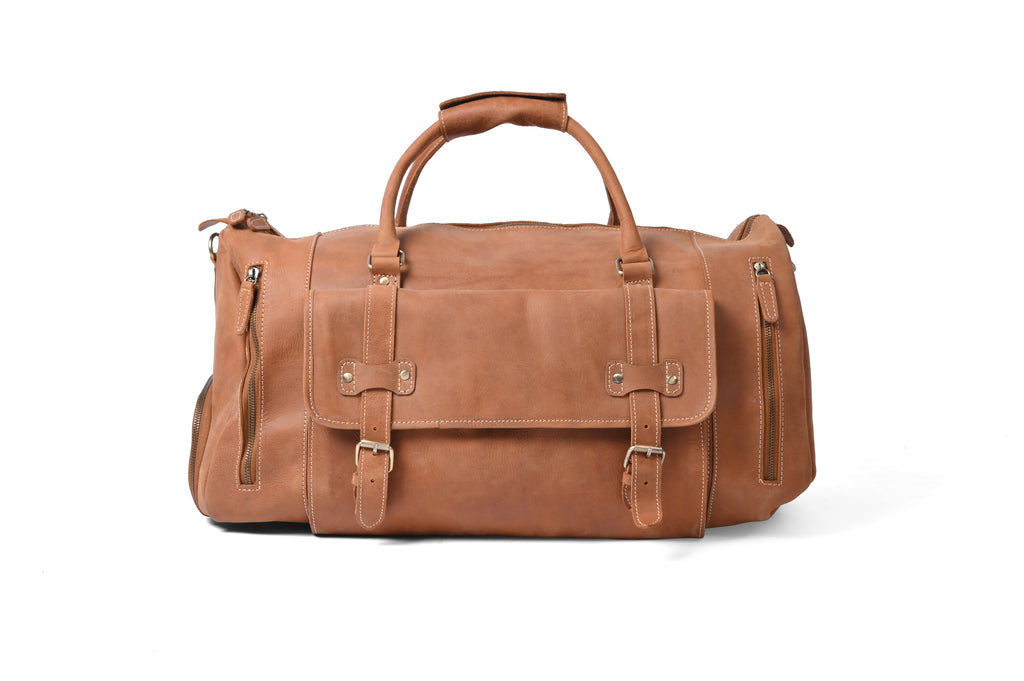 Tan Leather Weekender Duffel Bag - Travel Bag with Shoe Compartment