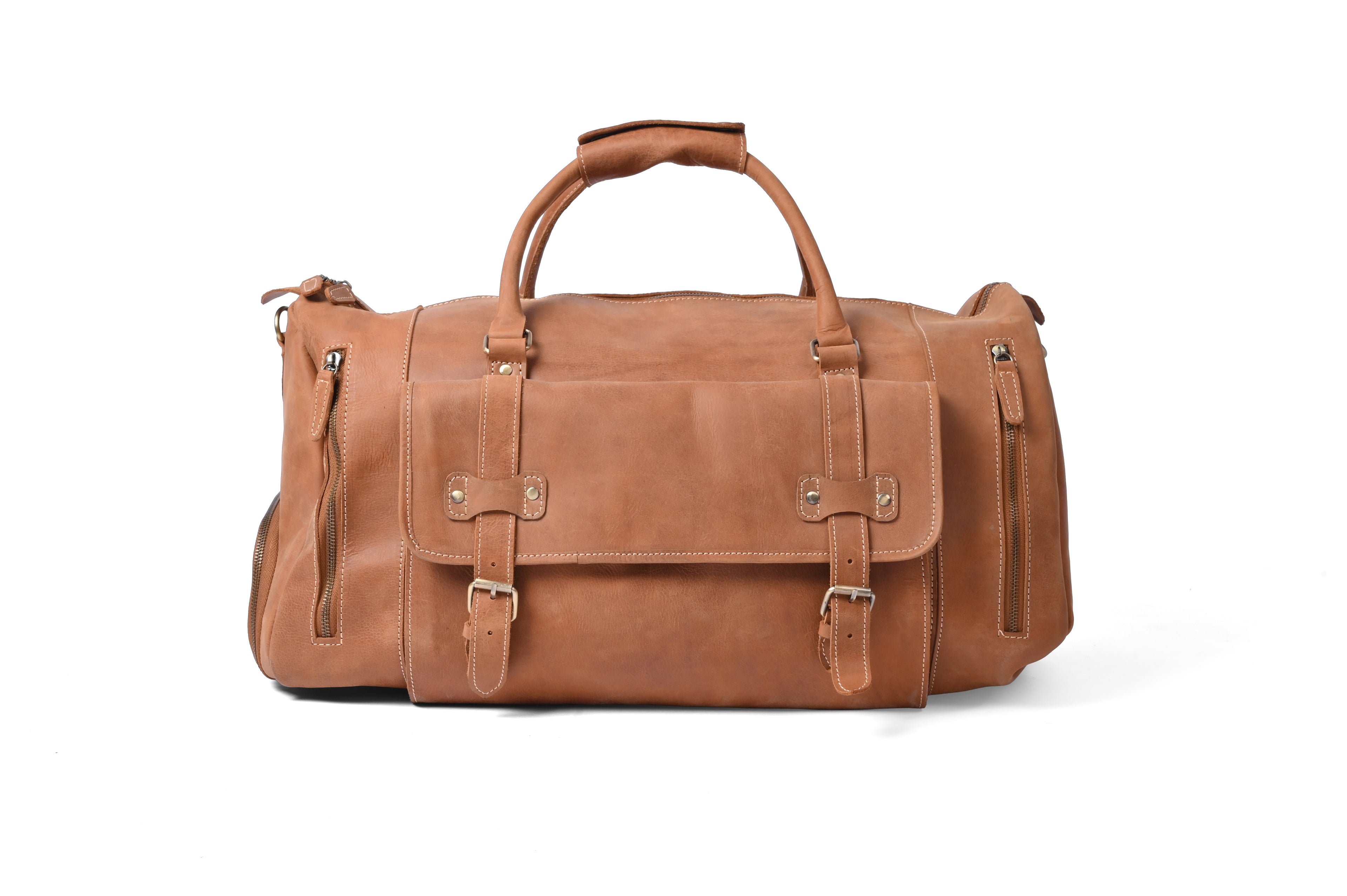 Tan Leather Weekender Duffel Bag - Travel Bag with Shoe Compartment