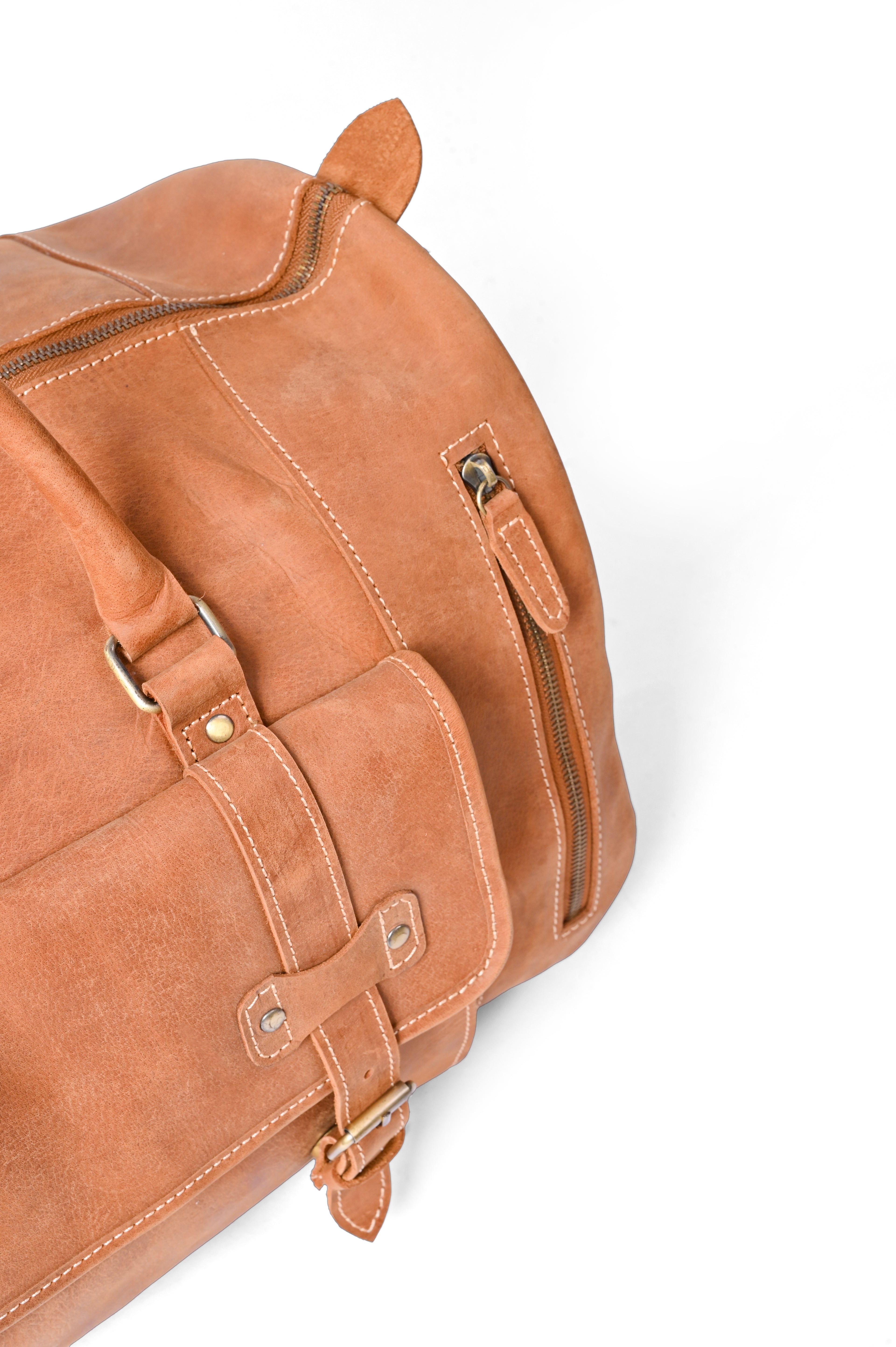 Tan Leather Weekender Duffel Bag - Travel Bag with Shoe Compartment