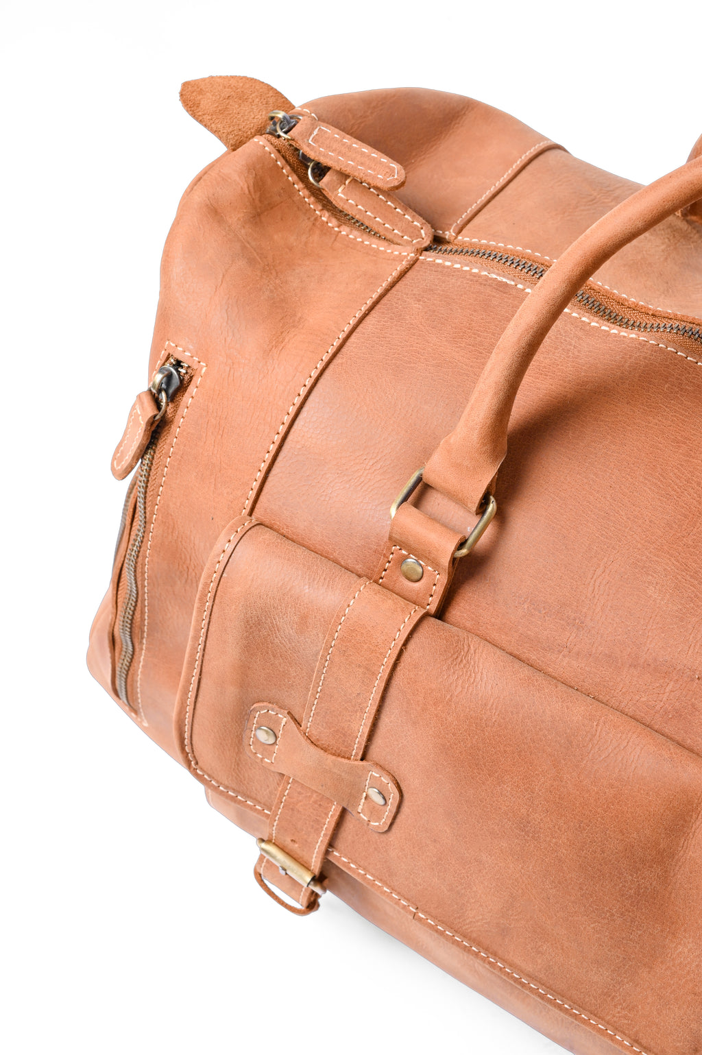 Tan Leather Weekender Duffel Bag - Travel Bag with Shoe Compartment