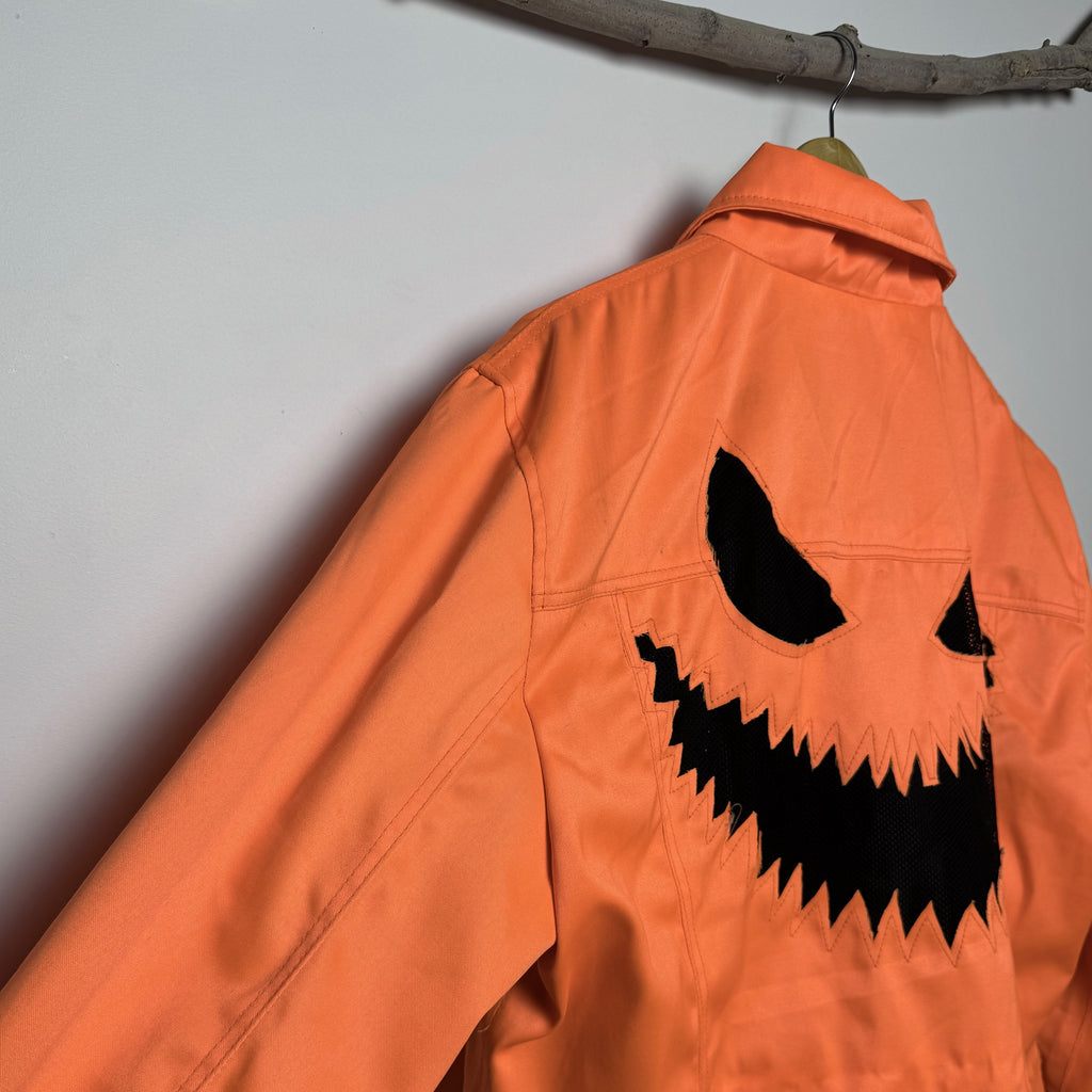 Orange Denim Jack-O'-Lantern Fringe Jacket - Halloween Cropped Trucker Jacket
