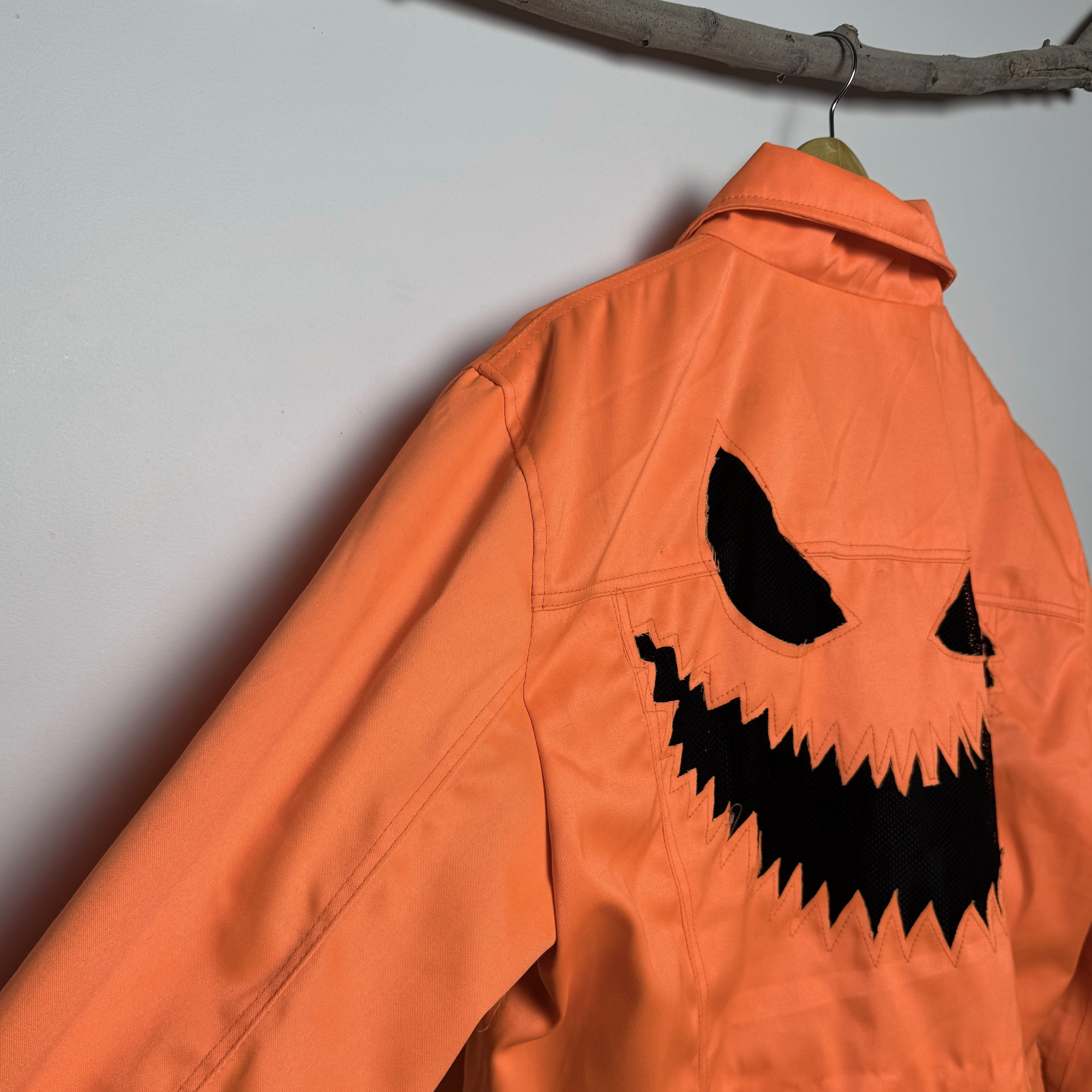 Orange Denim Jack-O'-Lantern Fringe Jacket - Halloween Cropped Trucker Jacket