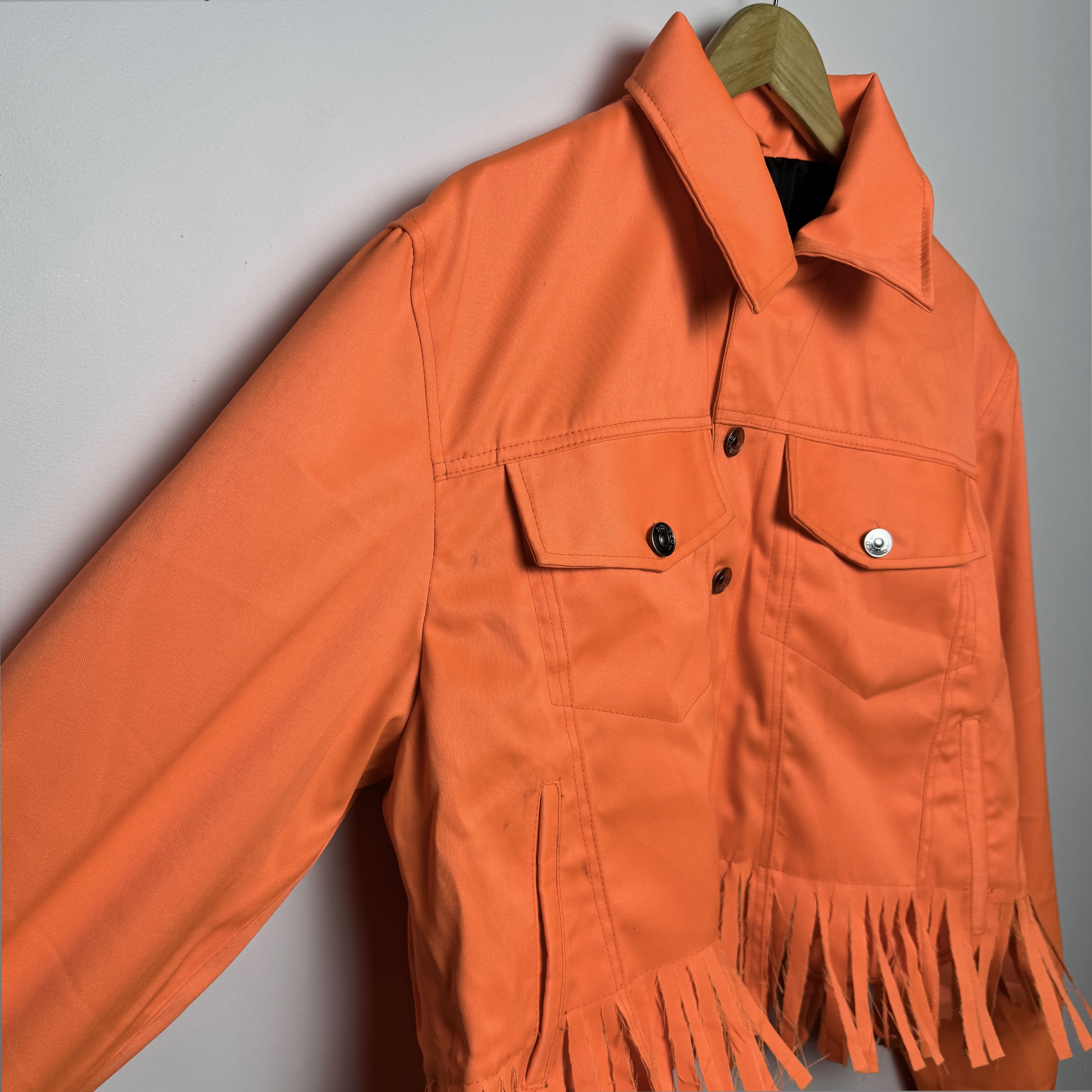 Orange Denim Jack-O'-Lantern Fringe Jacket - Halloween Cropped Trucker Jacket