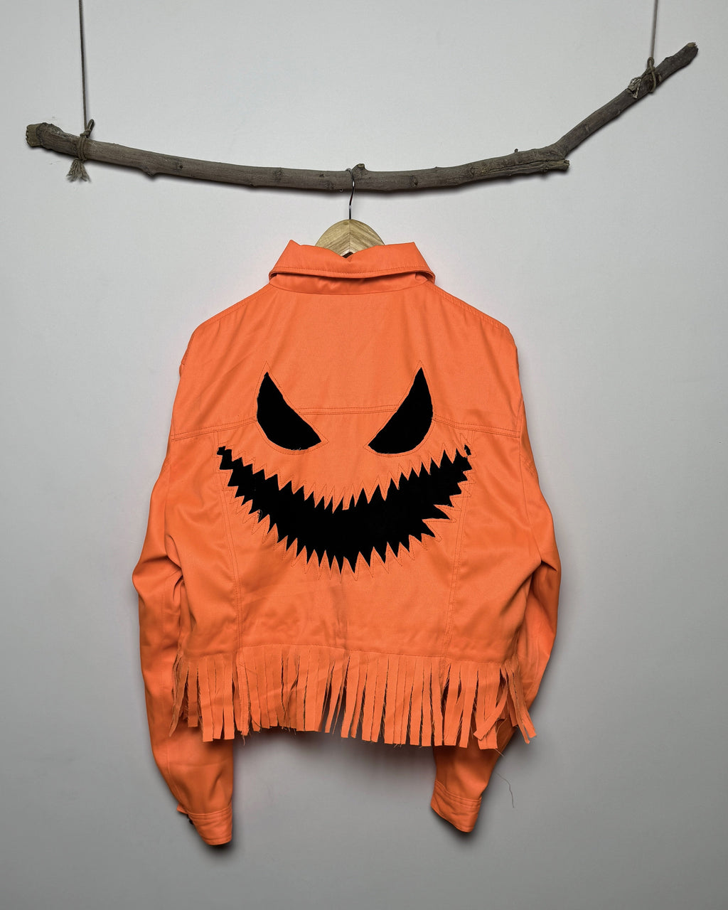Orange Denim Jack-O'-Lantern Fringe Jacket - Halloween Cropped Trucker Jacket