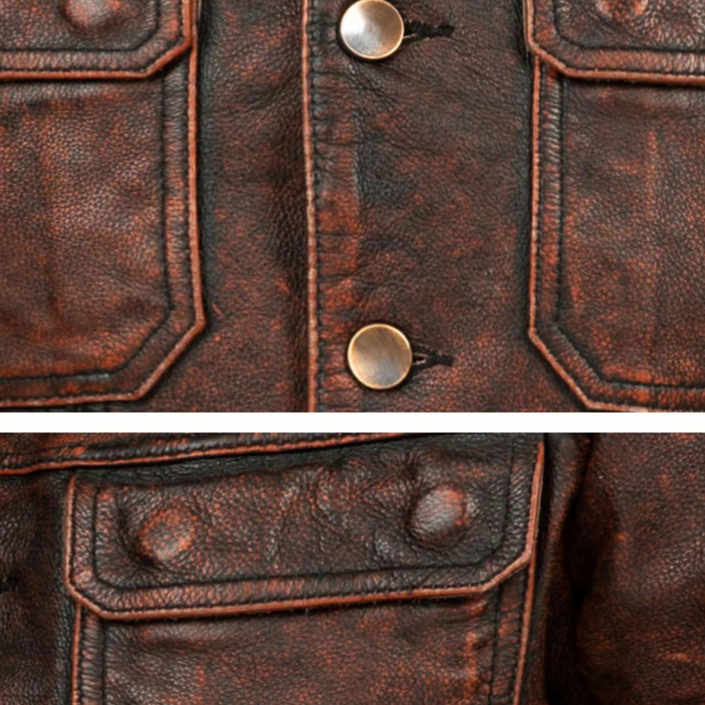 Men's Distressed Brown Leather Trucker Jacket