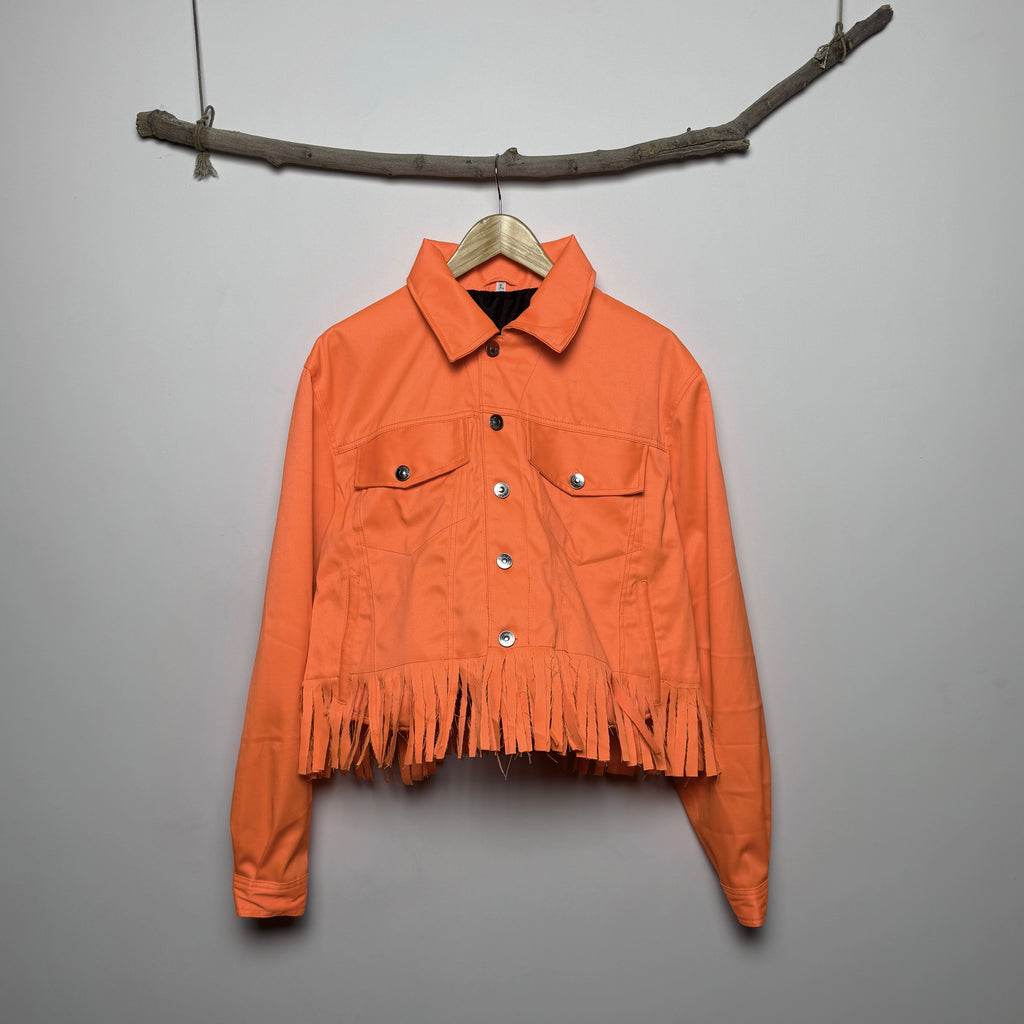 Orange Denim Jack-O'-Lantern Fringe Jacket - Halloween Cropped Trucker Jacket