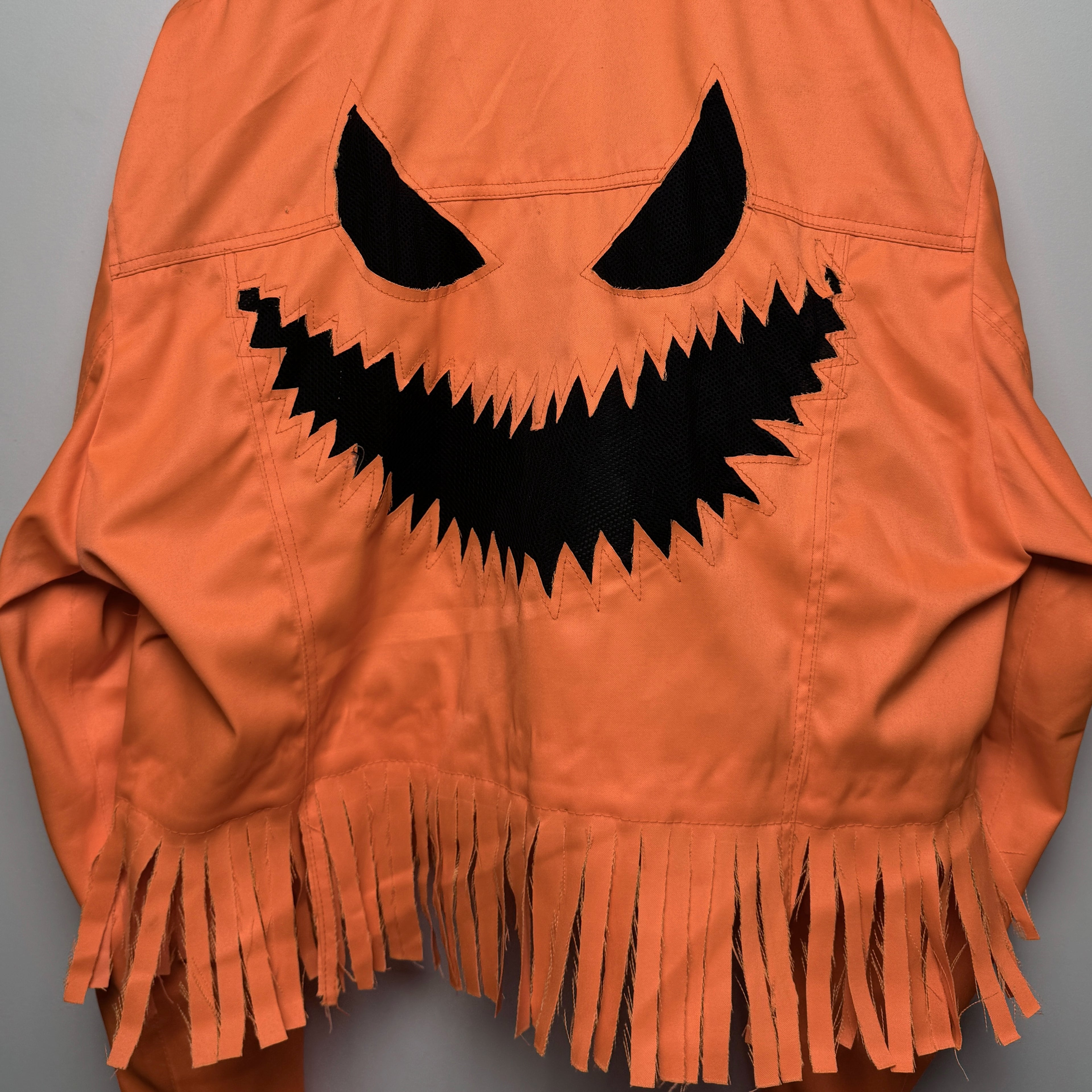 Orange Denim Jack-O'-Lantern Fringe Jacket - Halloween Cropped Trucker Jacket