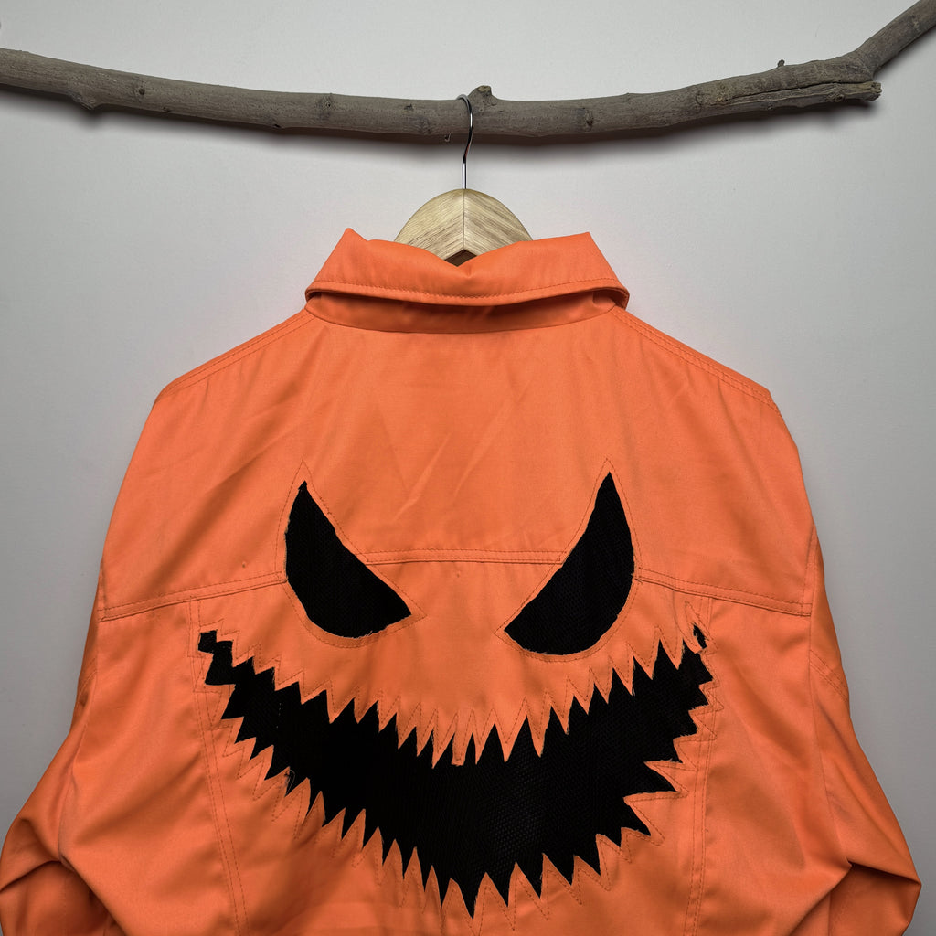 Orange Denim Jack-O'-Lantern Fringe Jacket - Halloween Cropped Trucker Jacket