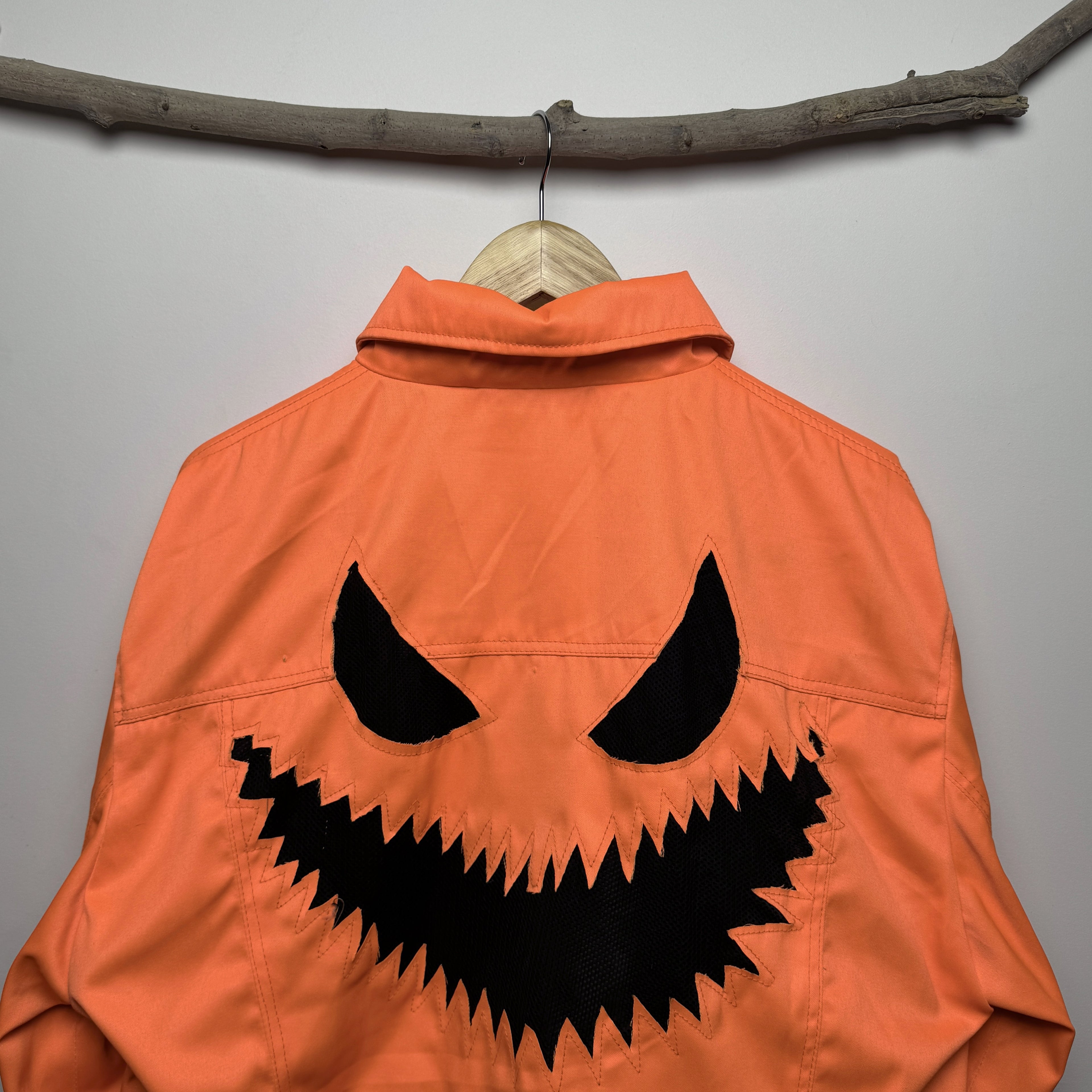 Orange Denim Jack-O'-Lantern Fringe Jacket - Halloween Cropped Trucker Jacket