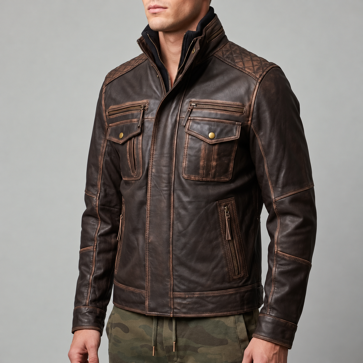 Distressed Brown Leather Multi-Pocket Moto Jacket - Men's Quilted Jacket