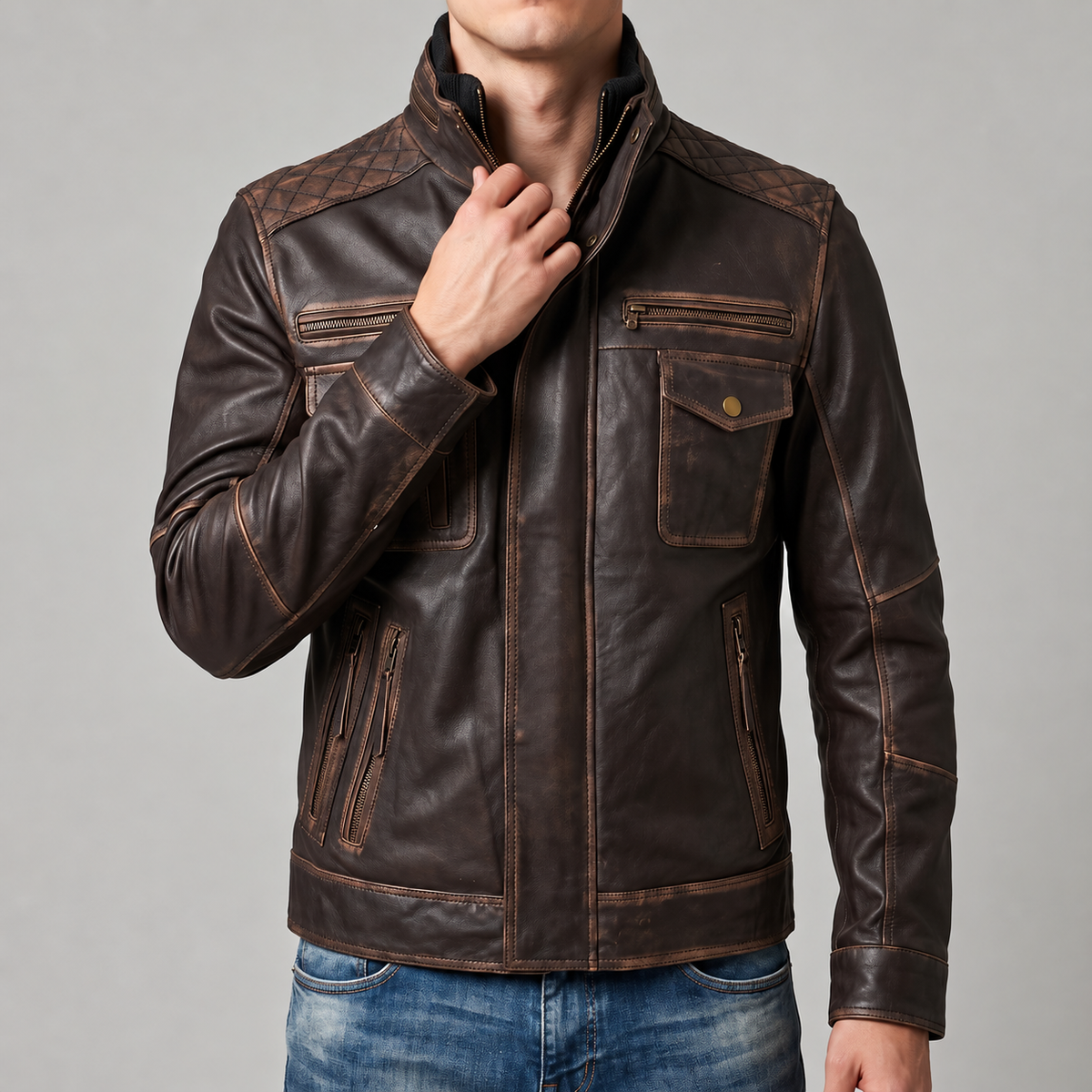 Distressed Brown Leather Multi-Pocket Moto Jacket - Men's Quilted Jacket
