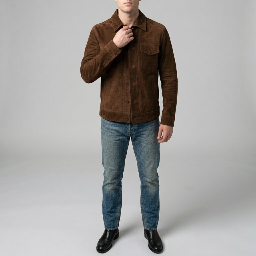 Men's Suede Trucker Jacket - Genuine Suede Jacket in Dark Brown & Tan