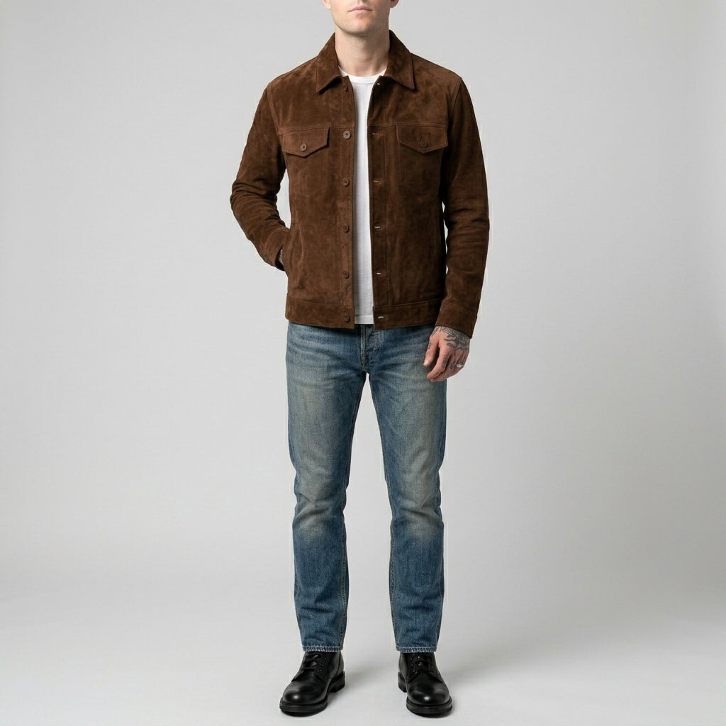 Men's Suede Trucker Jacket - Genuine Suede Jacket in Dark Brown & Tan
