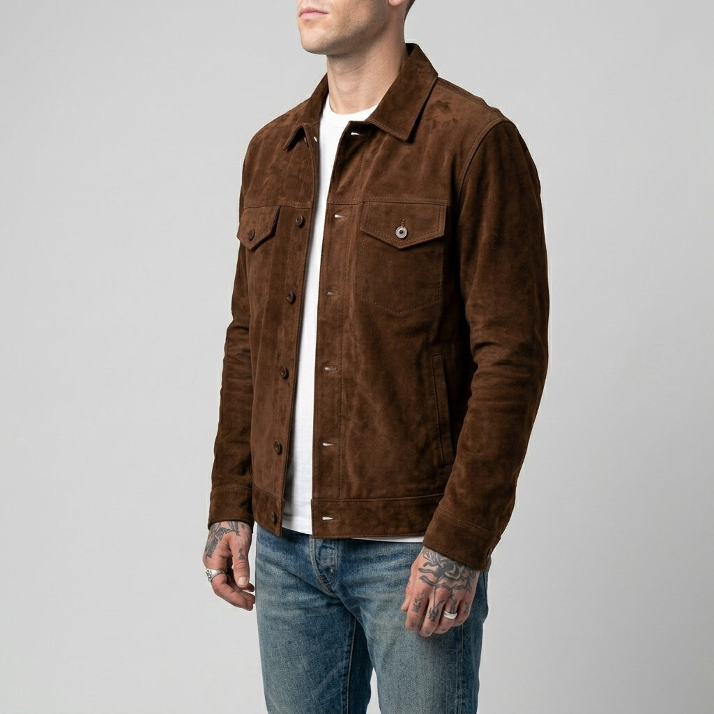 Men's Suede Trucker Jacket - Genuine Suede Jacket in Dark Brown & Tan