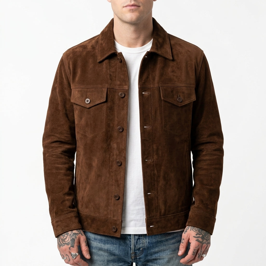 Men's Suede Trucker Jacket - Genuine Suede Jacket in Dark Brown & Tan