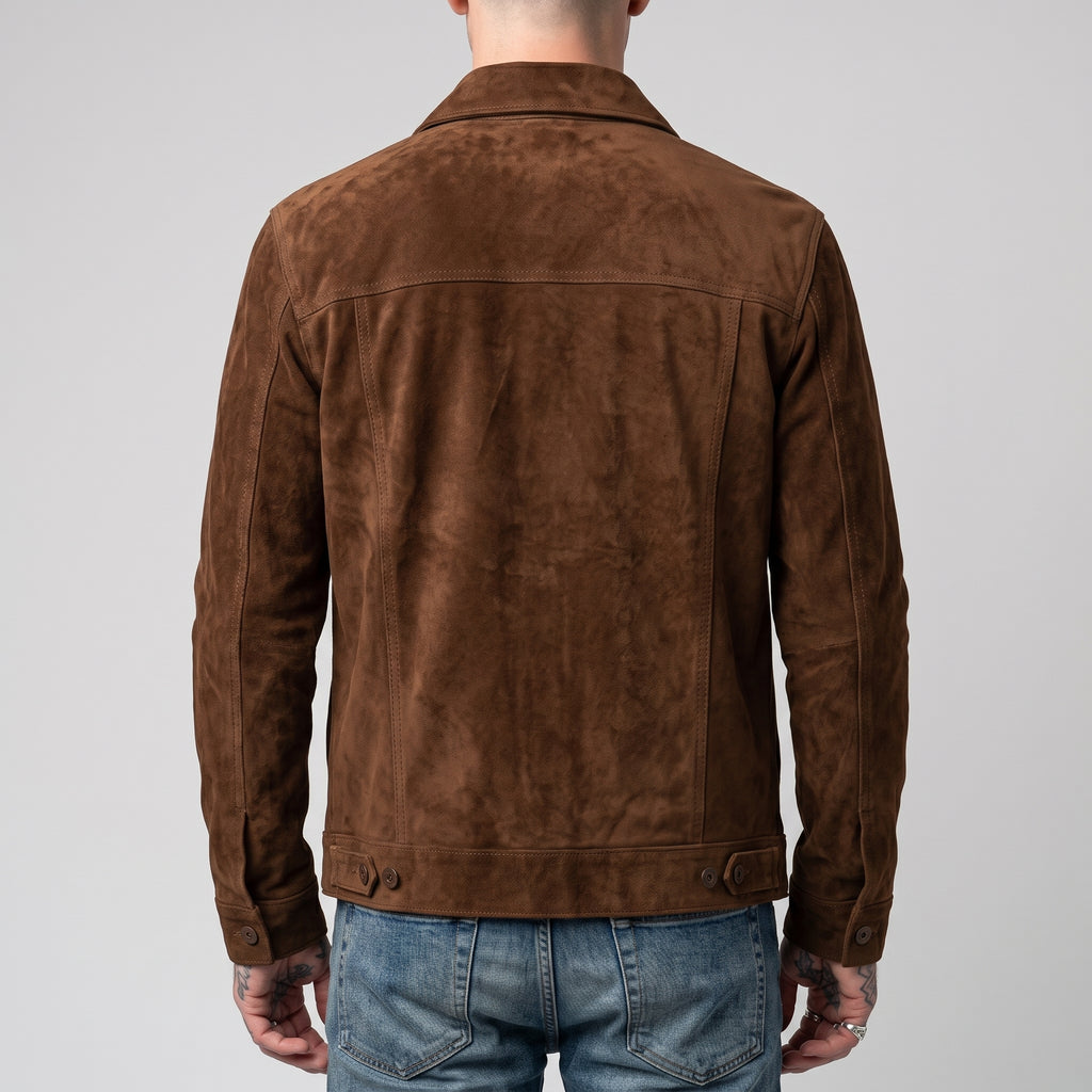 Men's Suede Trucker Jacket - Genuine Suede Jacket in Dark Brown & Tan
