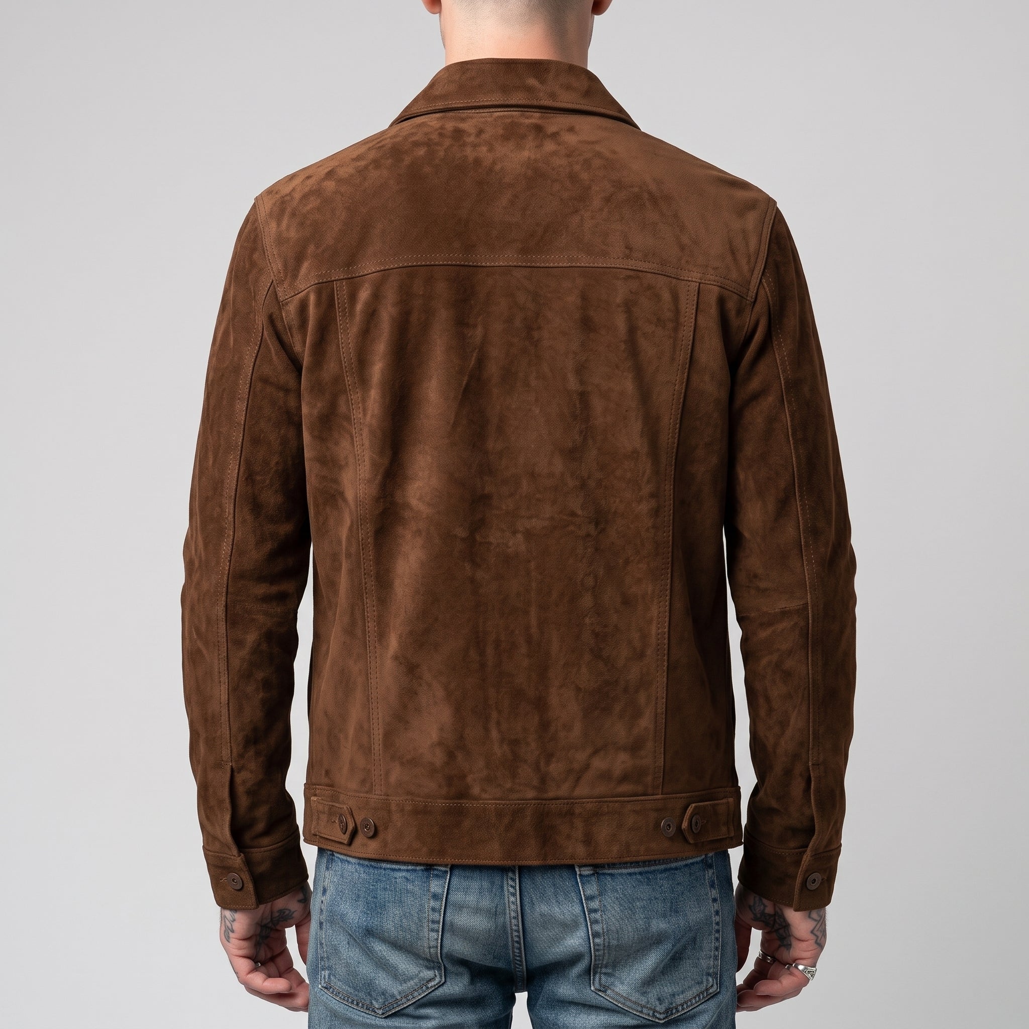 Men's Suede Trucker Jacket - Genuine Suede Jacket in Dark Brown & Tan
