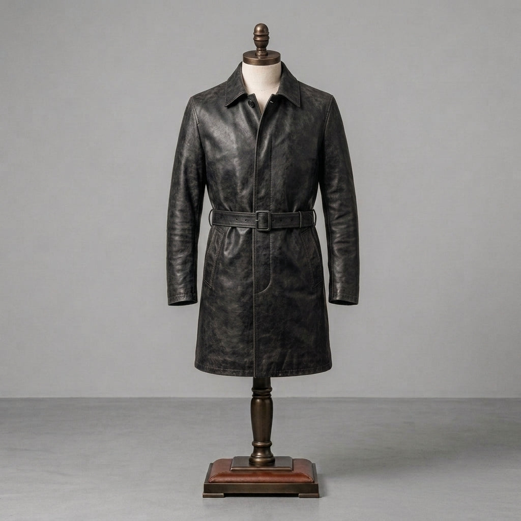 Heritage Black Leather Belted Long Coat