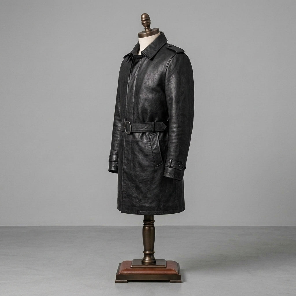 Heritage Black Leather Belted Long Coat