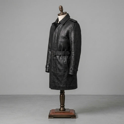 Heritage Black Leather Belted Long Coat