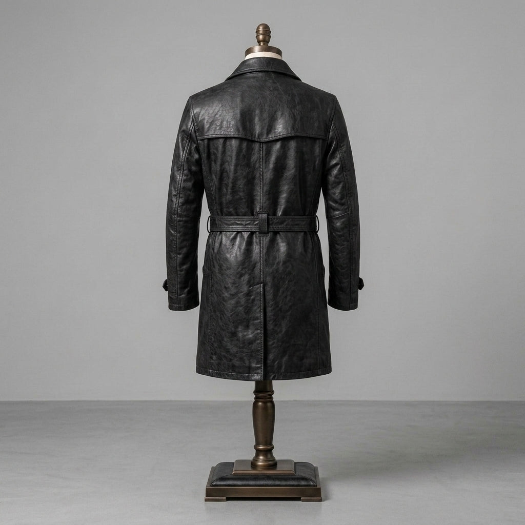 Heritage Black Leather Belted Long Coat
