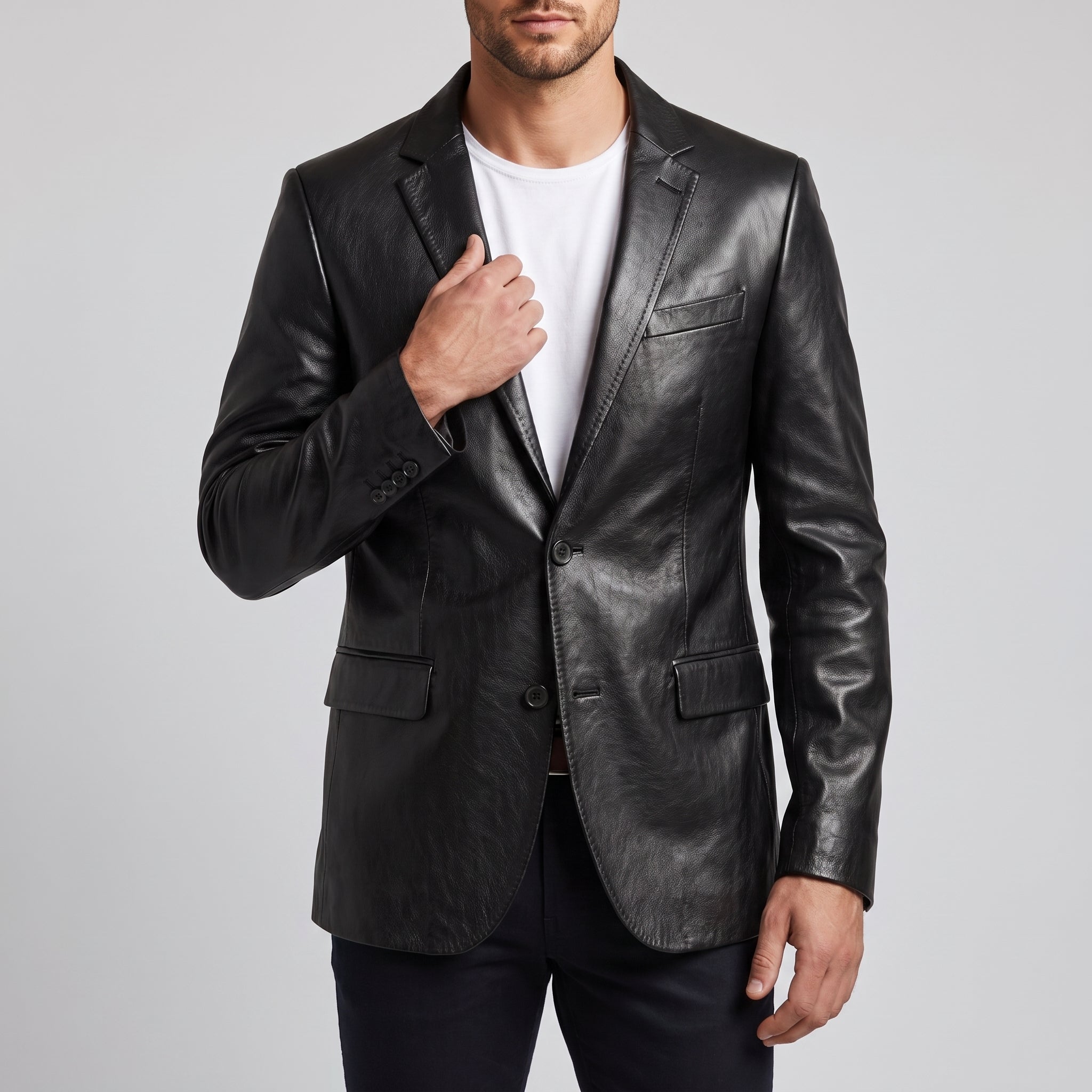 Men's Black Leather Tailored Blazer