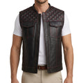 Black Leather Quilted Moto Vest - Men's Contrast-Stitch Biker Vest