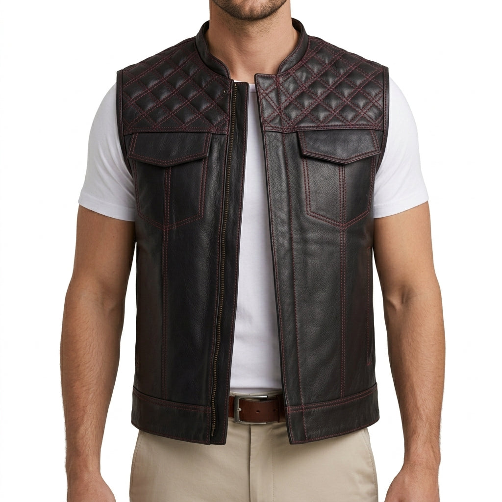 Black Leather Quilted Moto Vest - Men's Contrast-Stitch Biker Vest