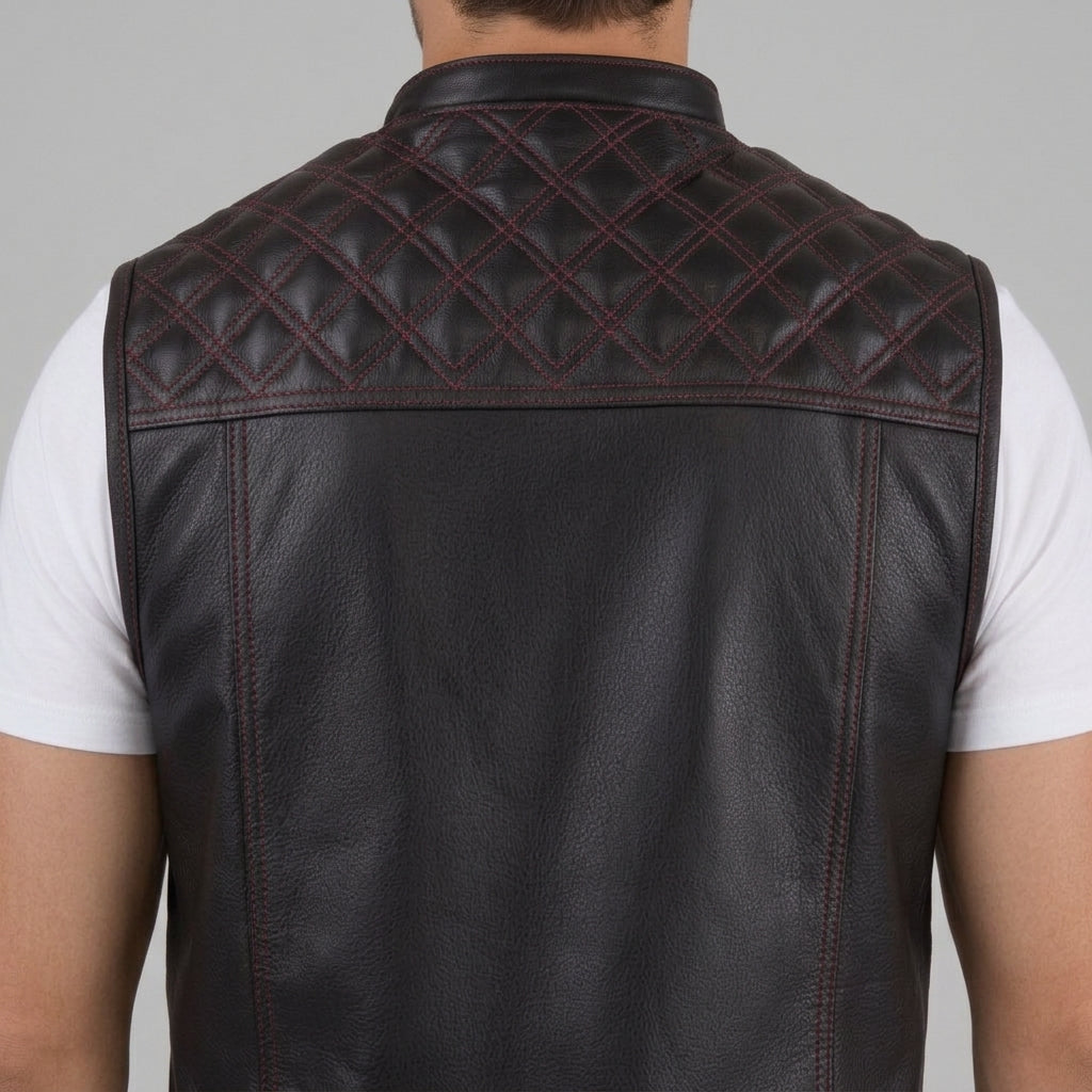 Black Leather Quilted Moto Vest - Men's Contrast-Stitch Biker Vest