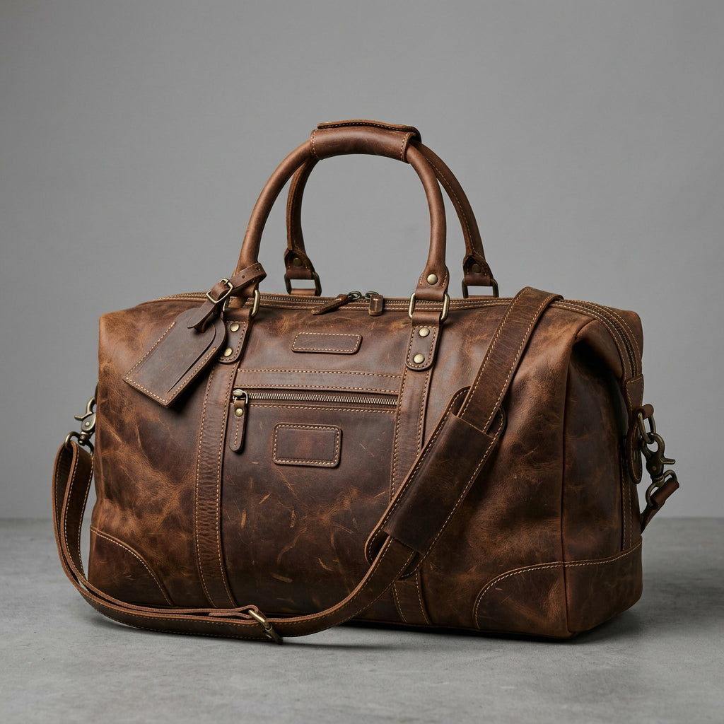 Distressed Leather Duffel Bag with Brass Hardware