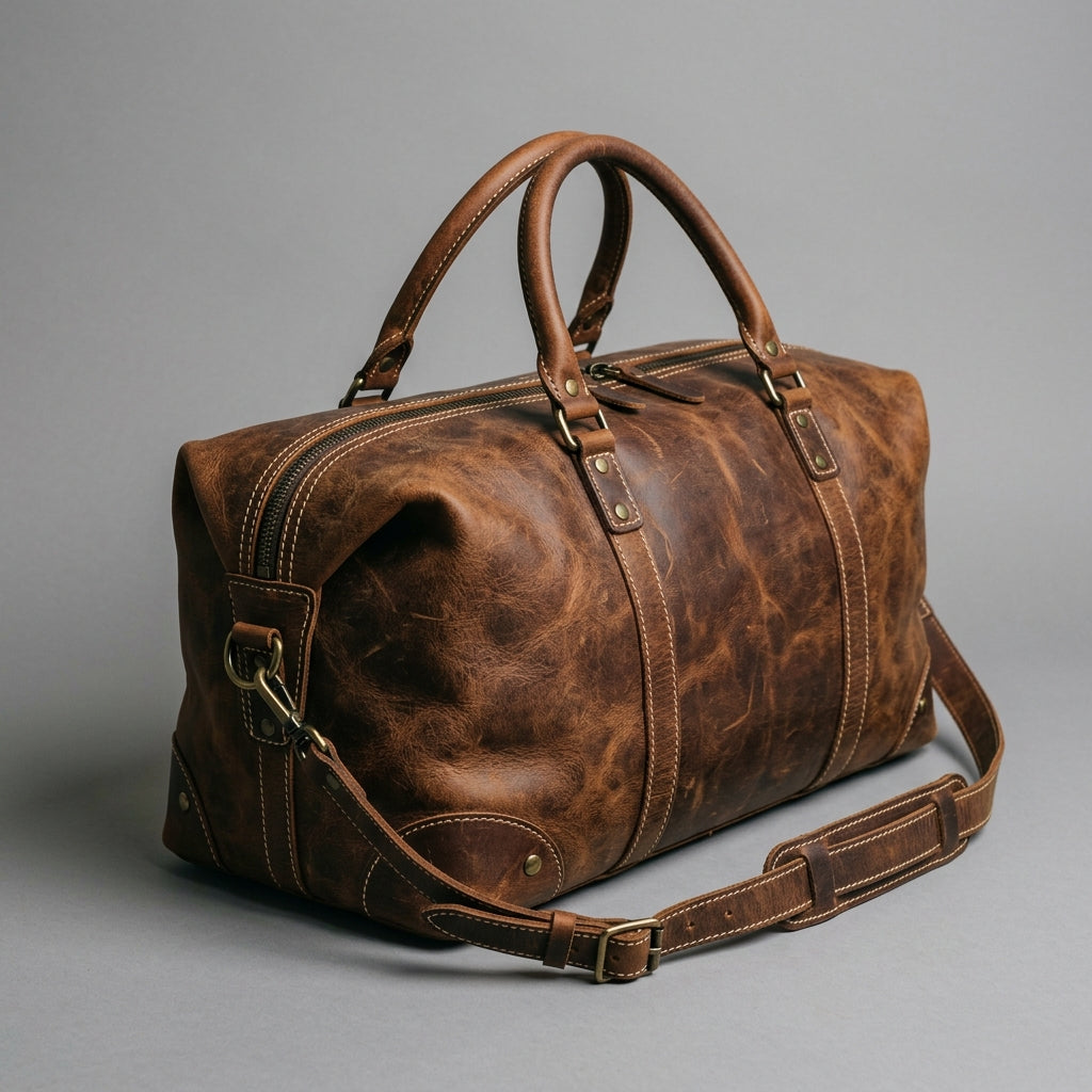 Distressed Leather Duffel Bag with Brass Hardware