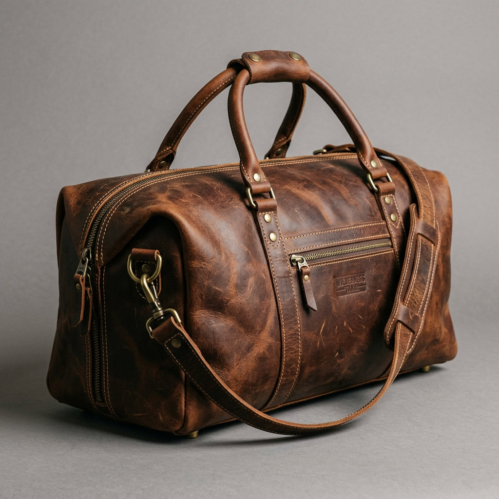 Distressed Leather Duffel Bag with Brass Hardware