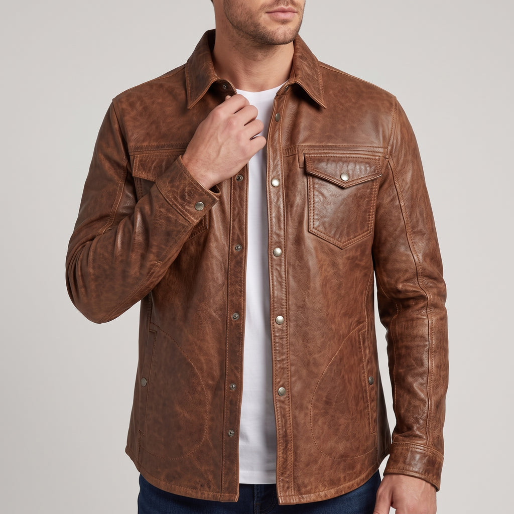 Men's Brown Waxed Leather Shirt Jacket