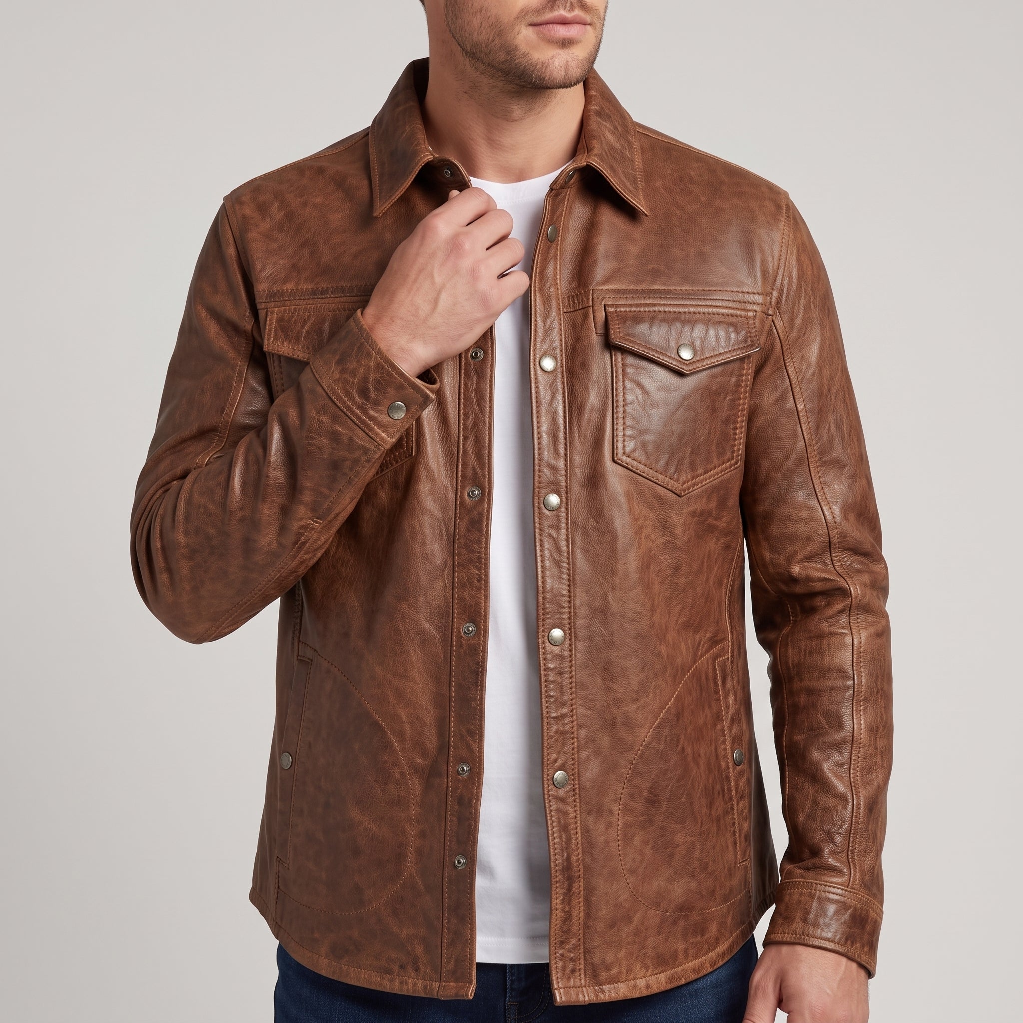 Men's Brown Waxed Leather Shirt Jacket