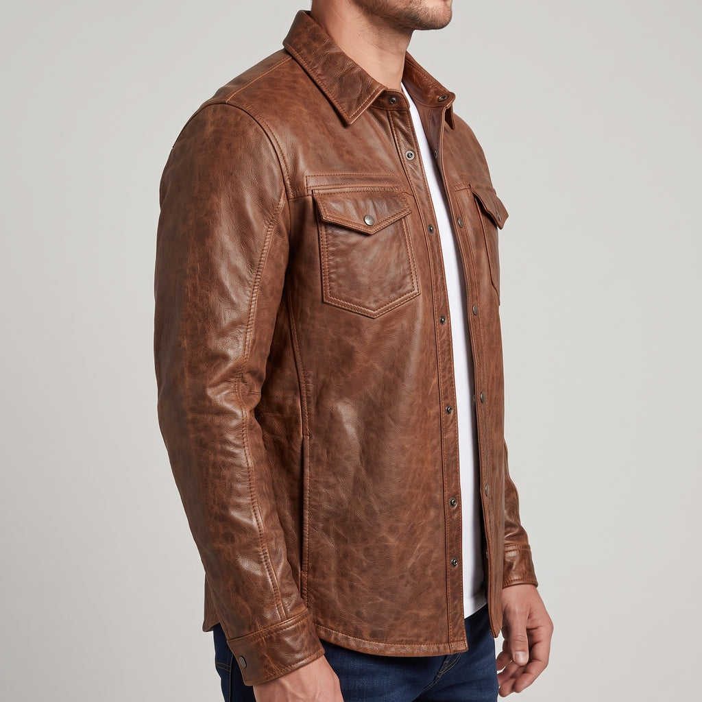 Men's Brown Waxed Leather Shirt Jacket
