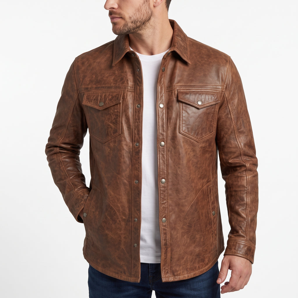Men's Brown Waxed Leather Shirt Jacket