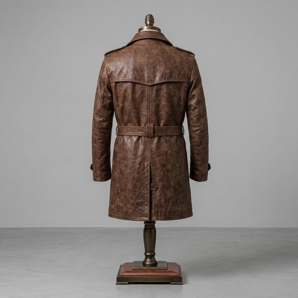 Men’s Brown Genuine Leather Trench Coat with Adjustable Belt