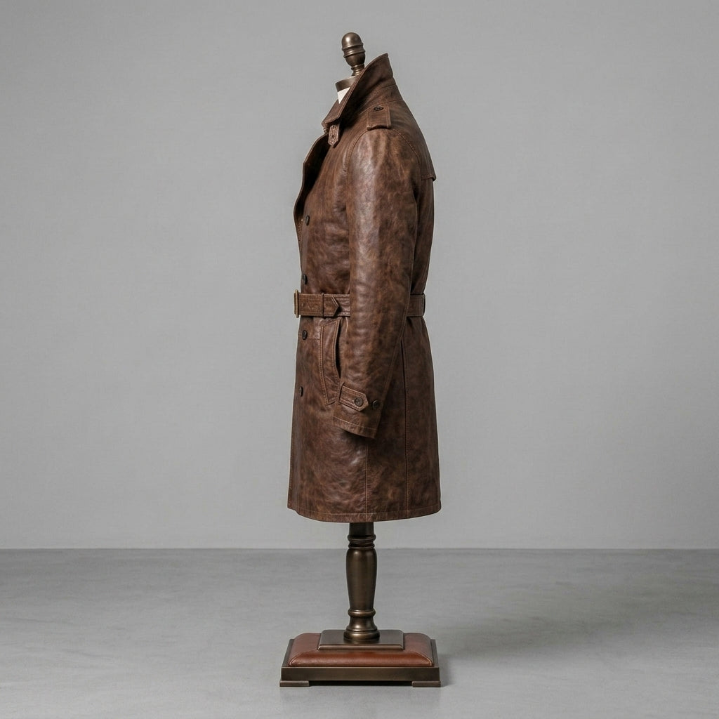 Men’s Brown Genuine Leather Trench Coat with Adjustable Belt
