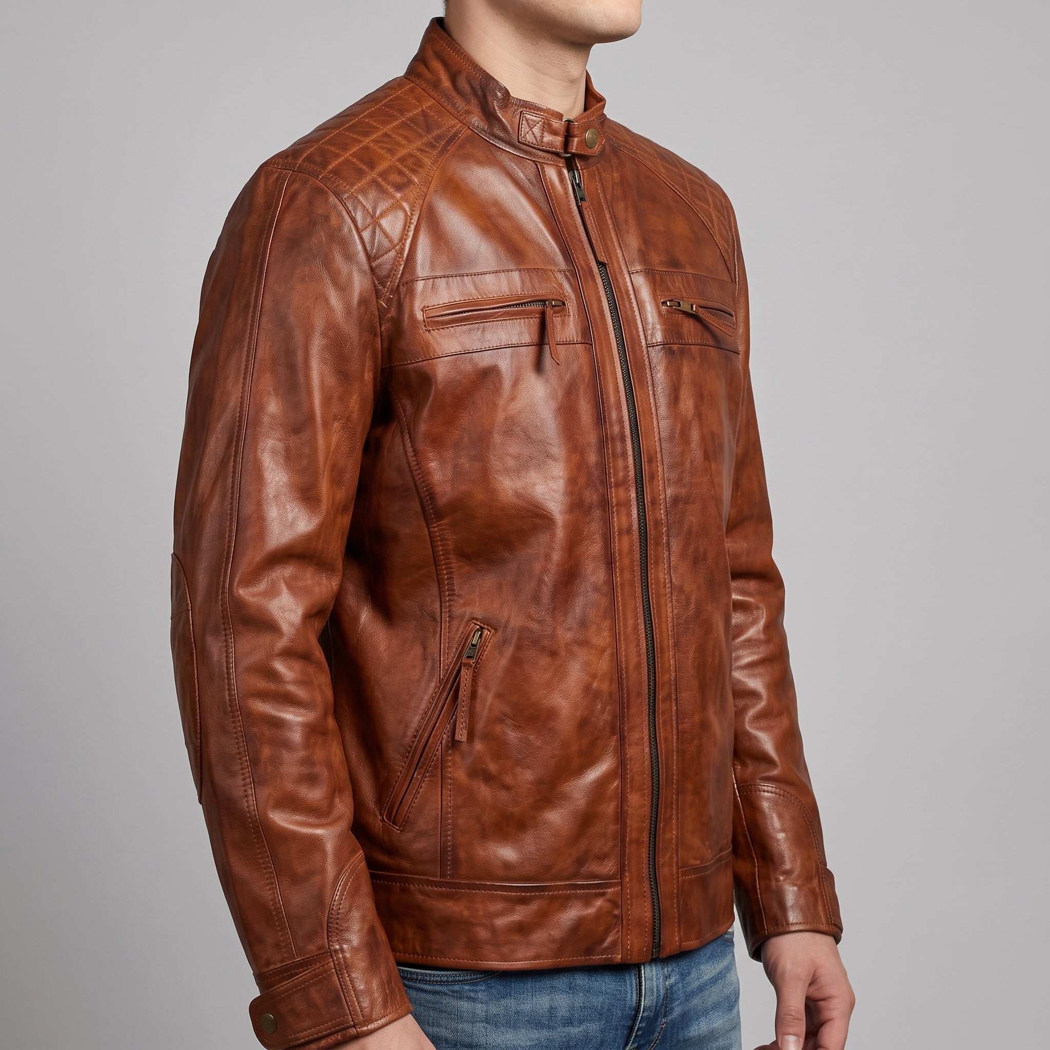 Cognac Leather Café Racer Jacket - Men's Quilted Moto Jacket