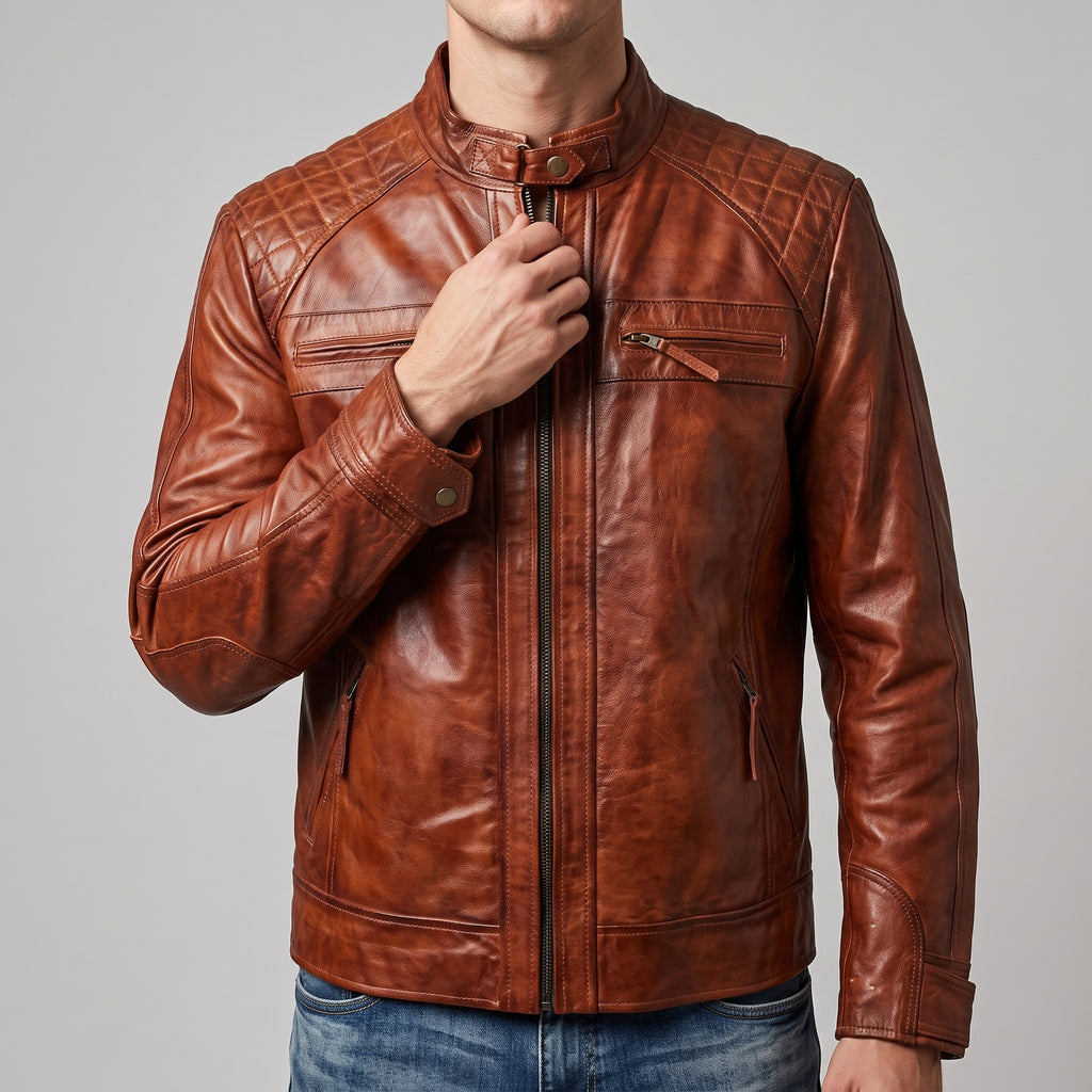 Cognac Leather Café Racer Jacket - Men's Quilted Moto Jacket