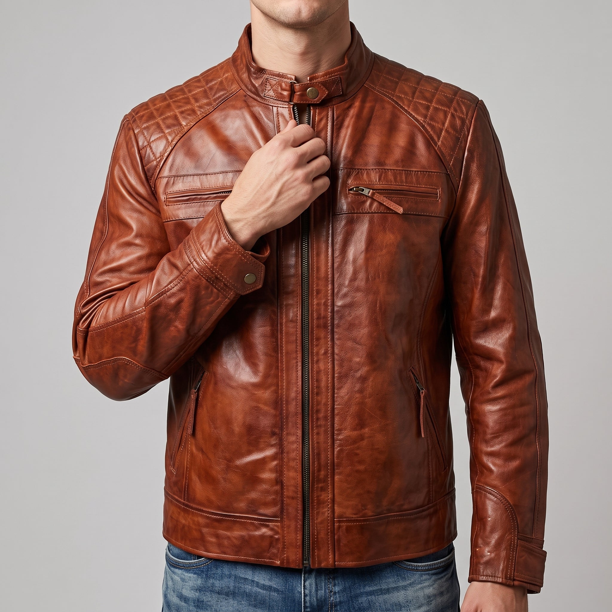 Cognac Leather Café Racer Jacket - Men's Quilted Moto Jacket