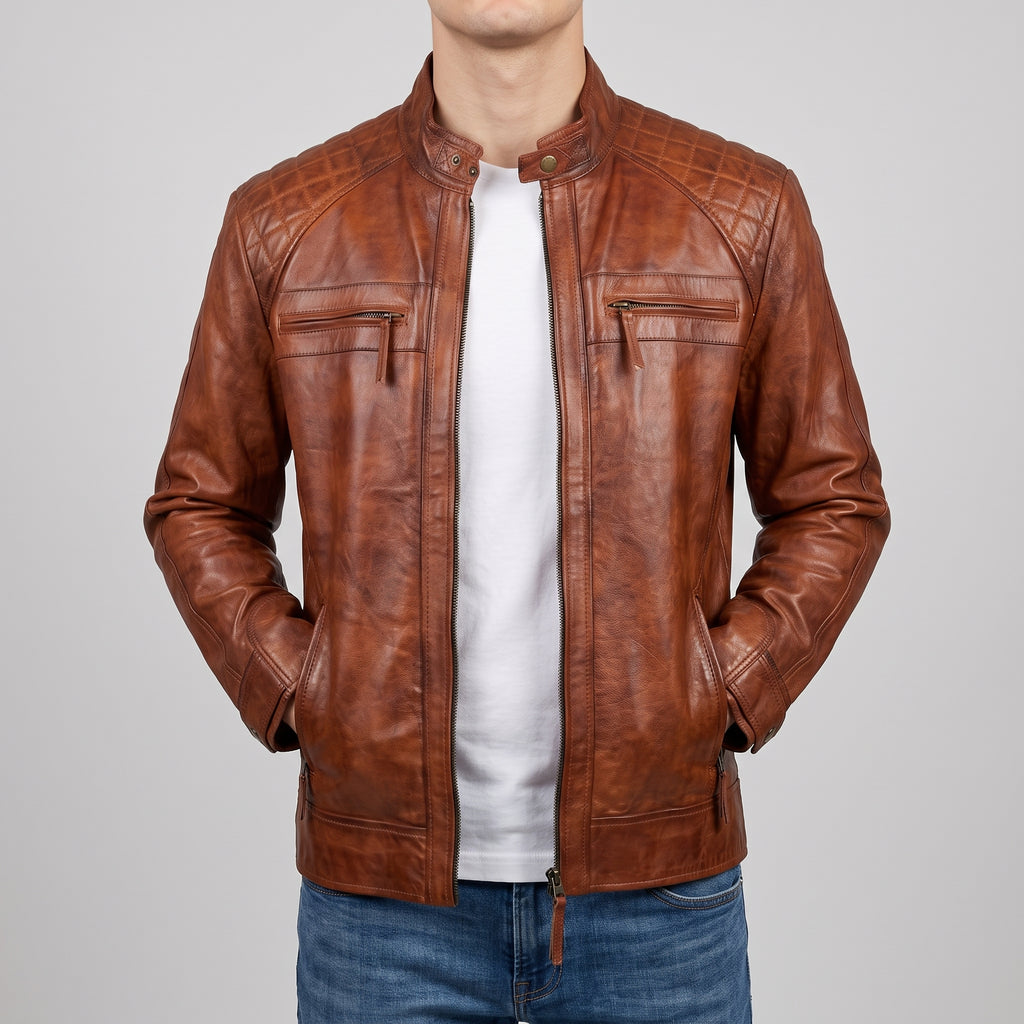 Cognac Leather Café Racer Jacket - Men's Quilted Moto Jacket