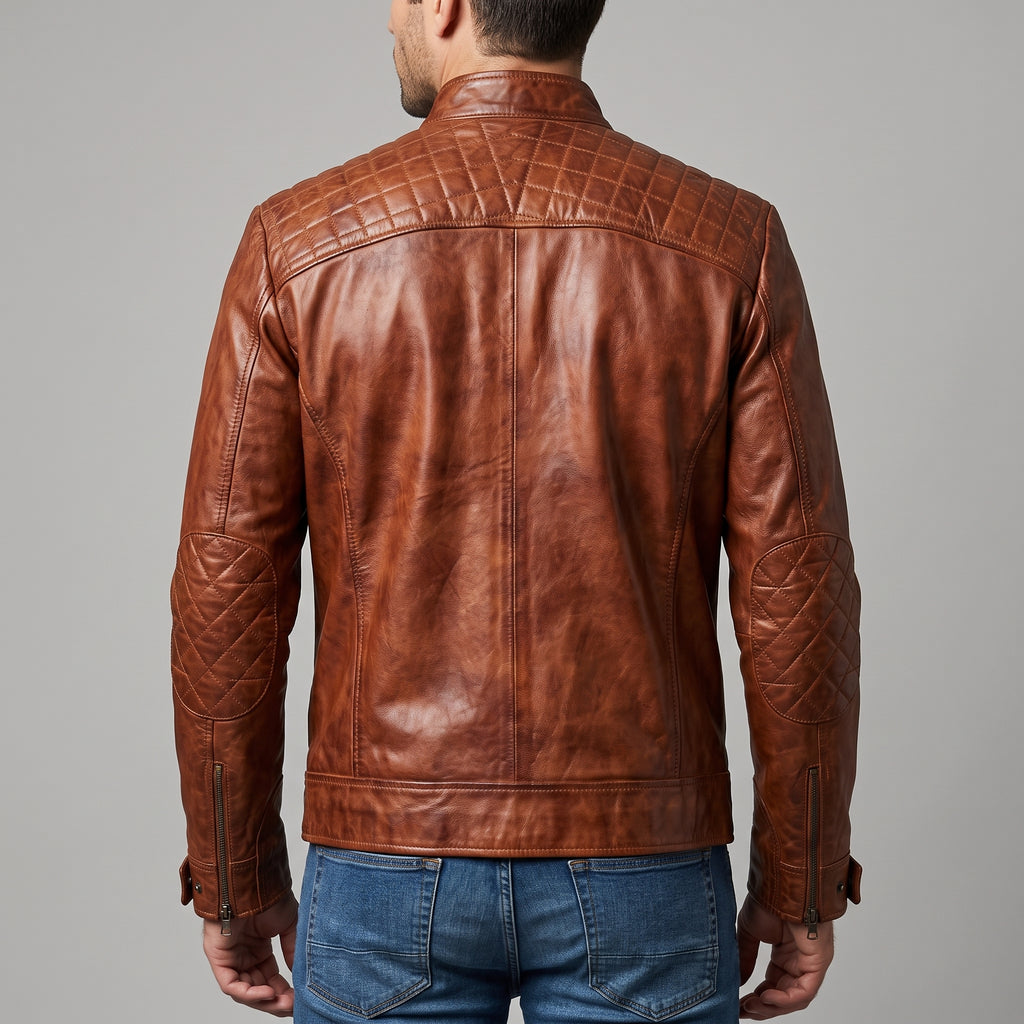 Cognac Leather Café Racer Jacket - Men's Quilted Moto Jacket