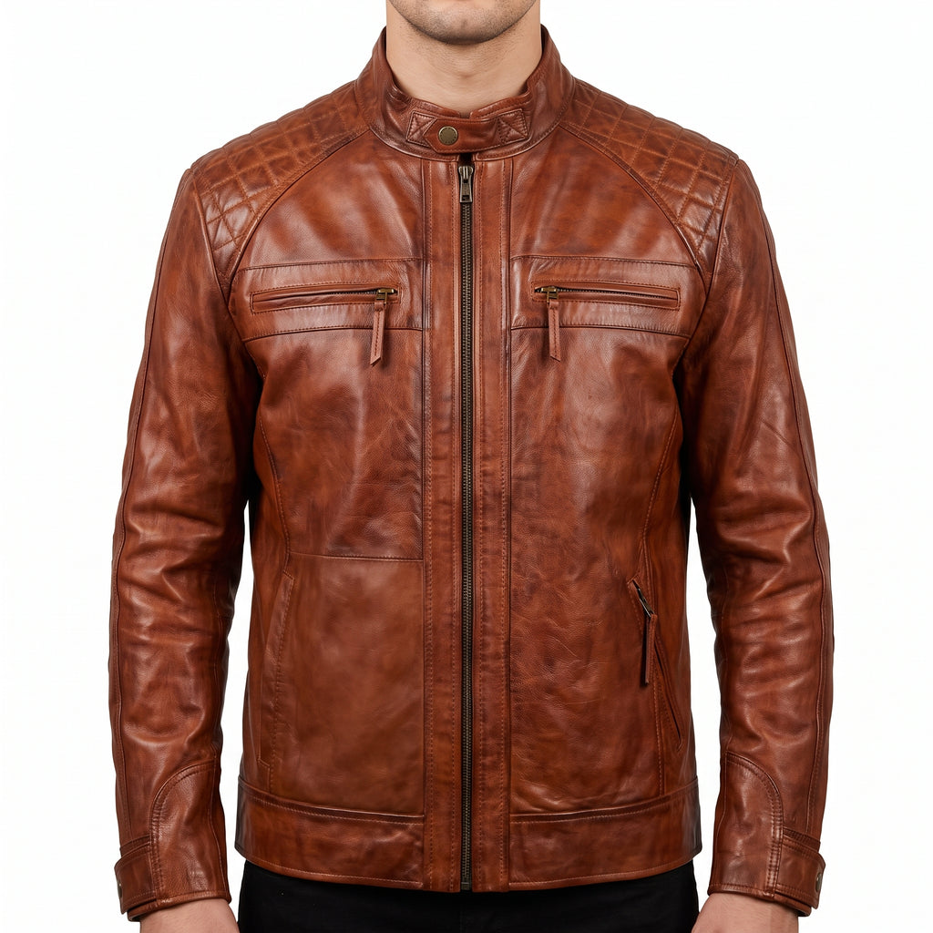 Cognac Leather Café Racer Jacket - Men's Quilted Moto Jacket